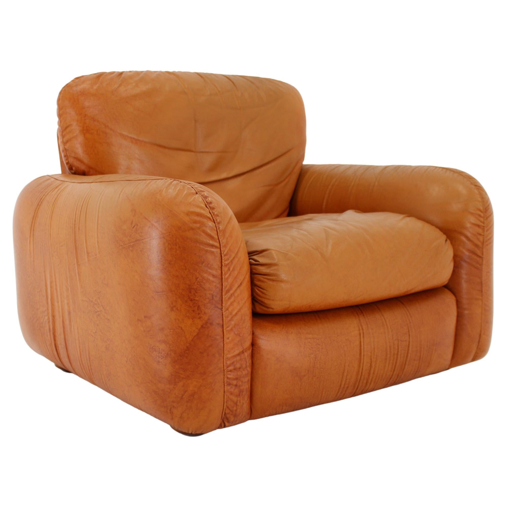 1970s  Cognac Leather Armchair, Italy For Sale
