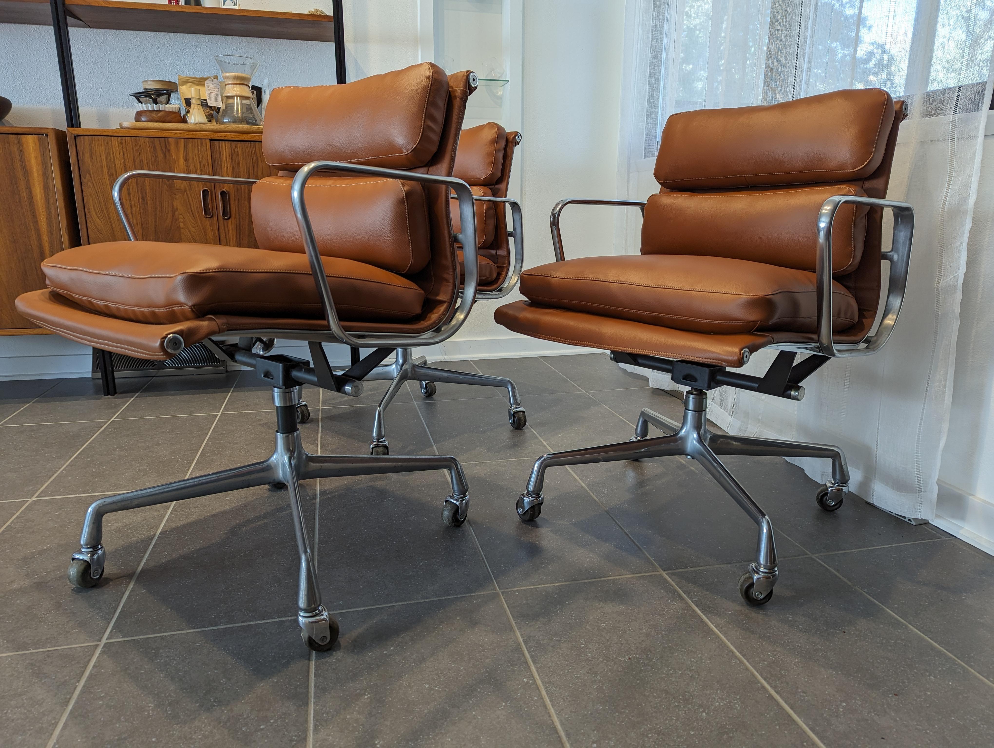 1970s Cognac Soft Pad Chairs by Charles & Ray Eames for Herman Miller, set of 3 In Good Condition In Cedar Falls, IA