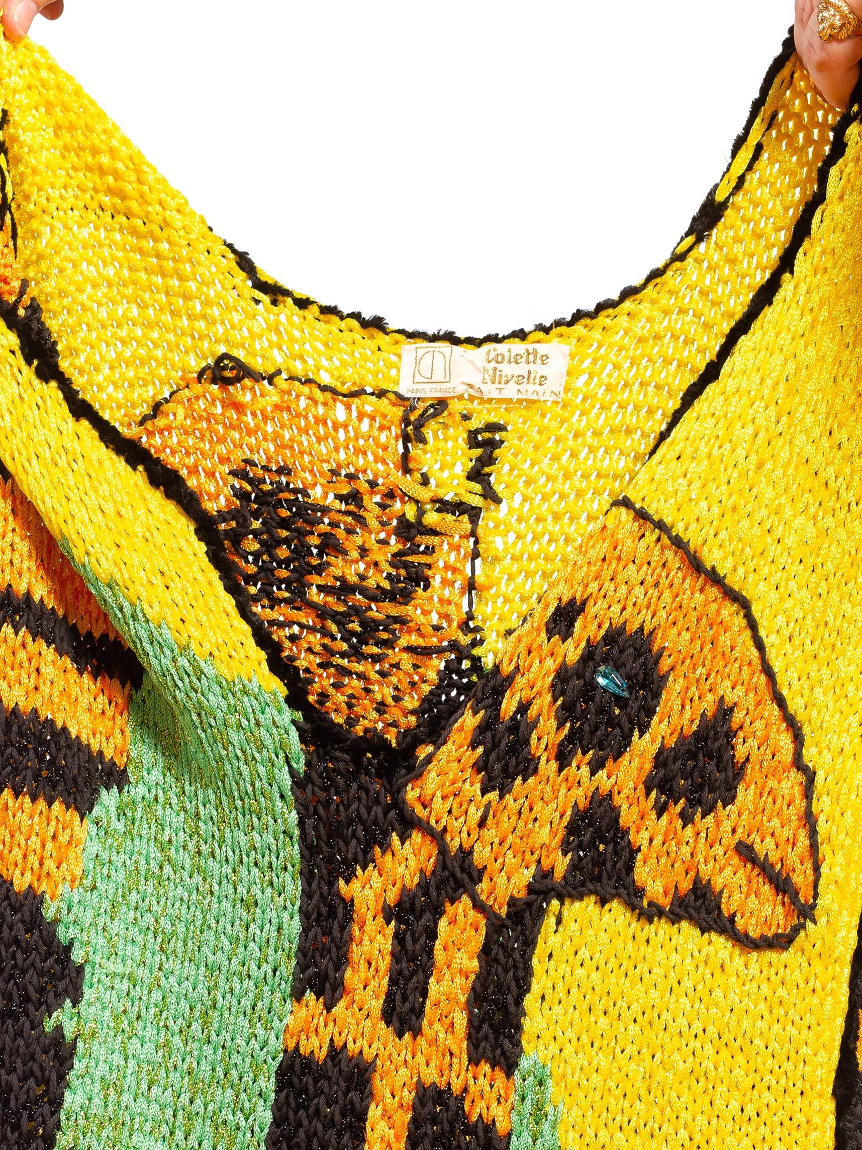 1970S COLETTE NIVELLE Yellow Orange & Blue Nylon Hand Knit Giraffe Dress For Sale 6