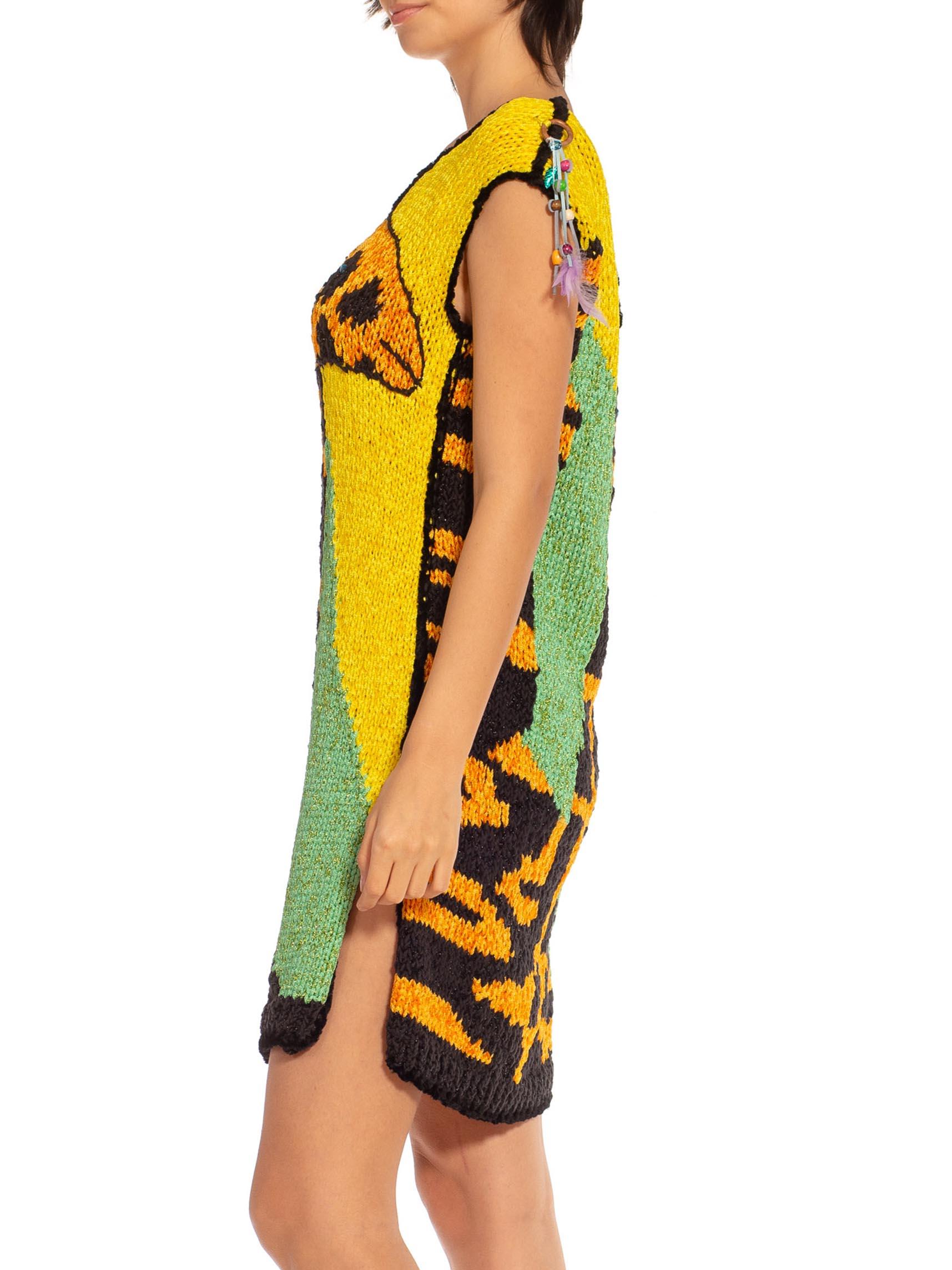 Brown 1970S COLETTE NIVELLE Yellow Orange & Blue Nylon Hand Knit Giraffe Dress For Sale