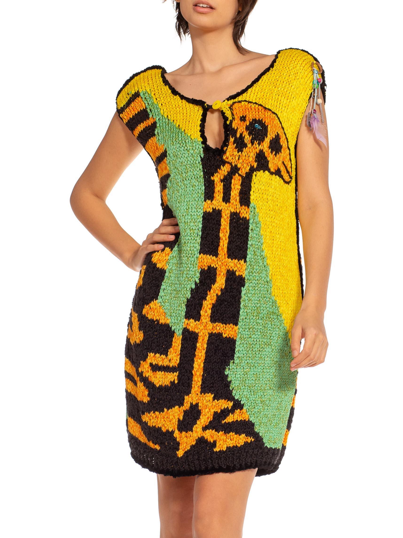 Women's 1970S COLETTE NIVELLE Yellow Orange & Blue Nylon Hand Knit Giraffe Dress For Sale