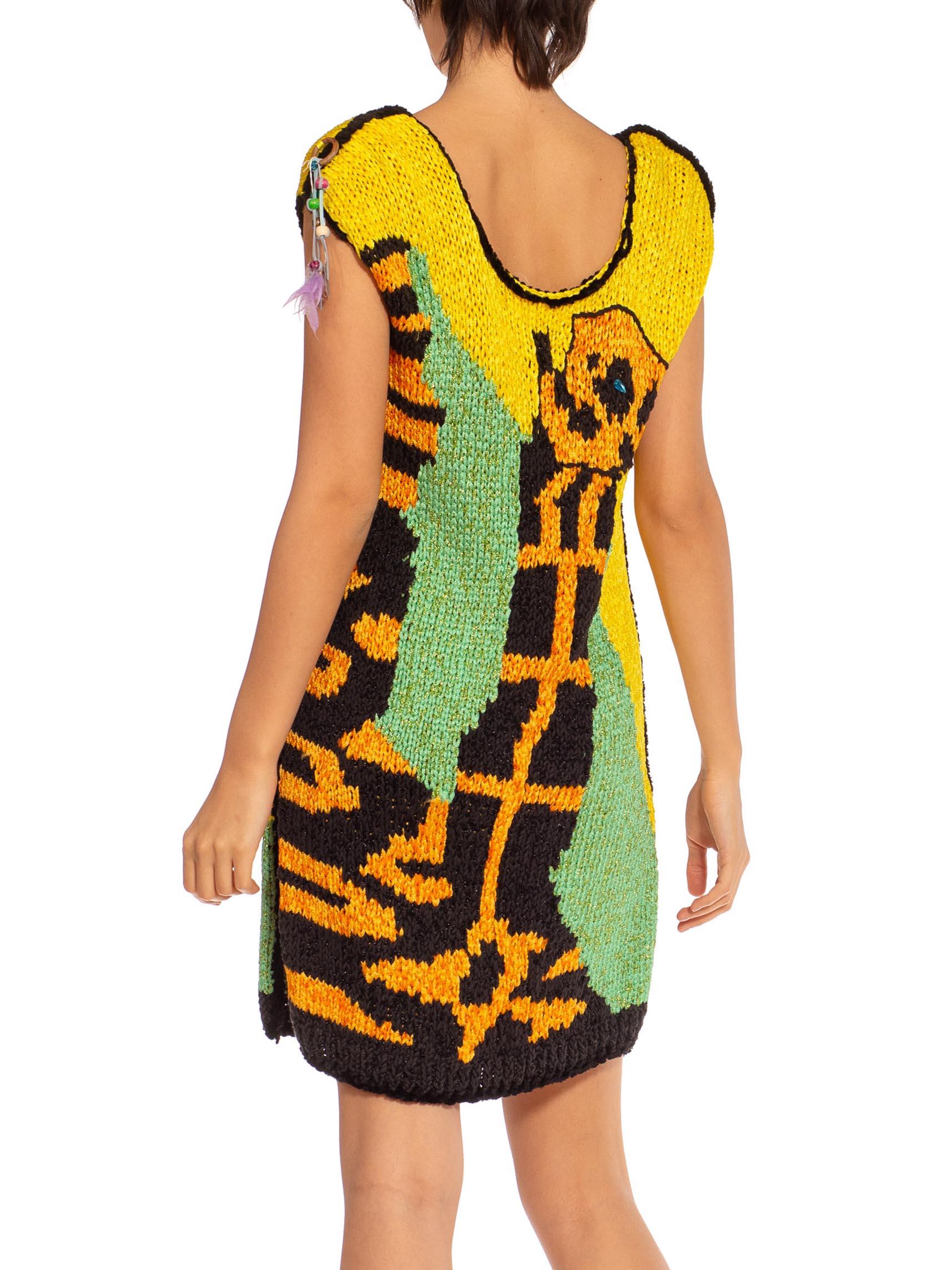 1970S COLETTE NIVELLE Yellow Orange & Blue Nylon Hand Knit Giraffe Dress For Sale 1