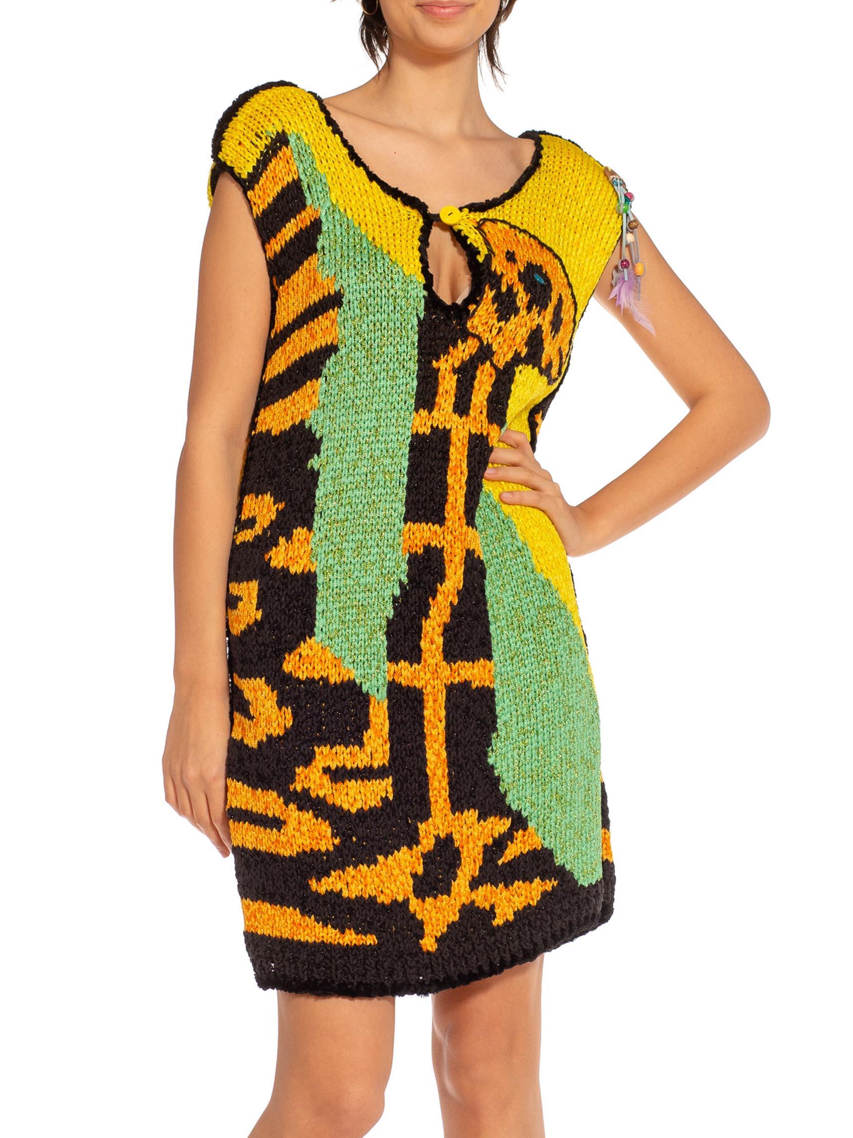 1970S COLETTE NIVELLE Yellow Orange & Blue Nylon Hand Knit Giraffe Dress For Sale 2