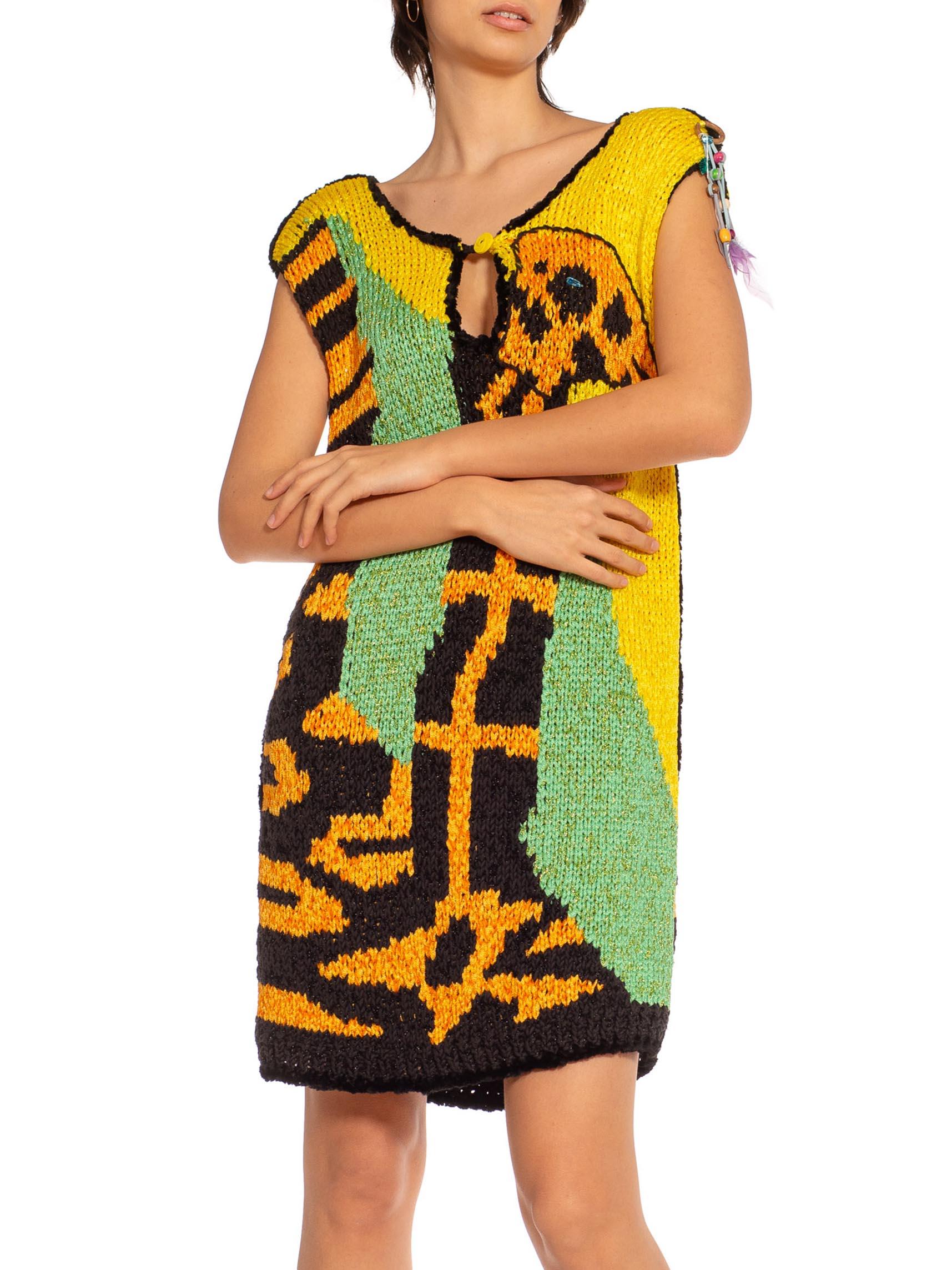 1970S COLETTE NIVELLE Yellow Orange & Blue Nylon Hand Knit Giraffe Dress For Sale 3
