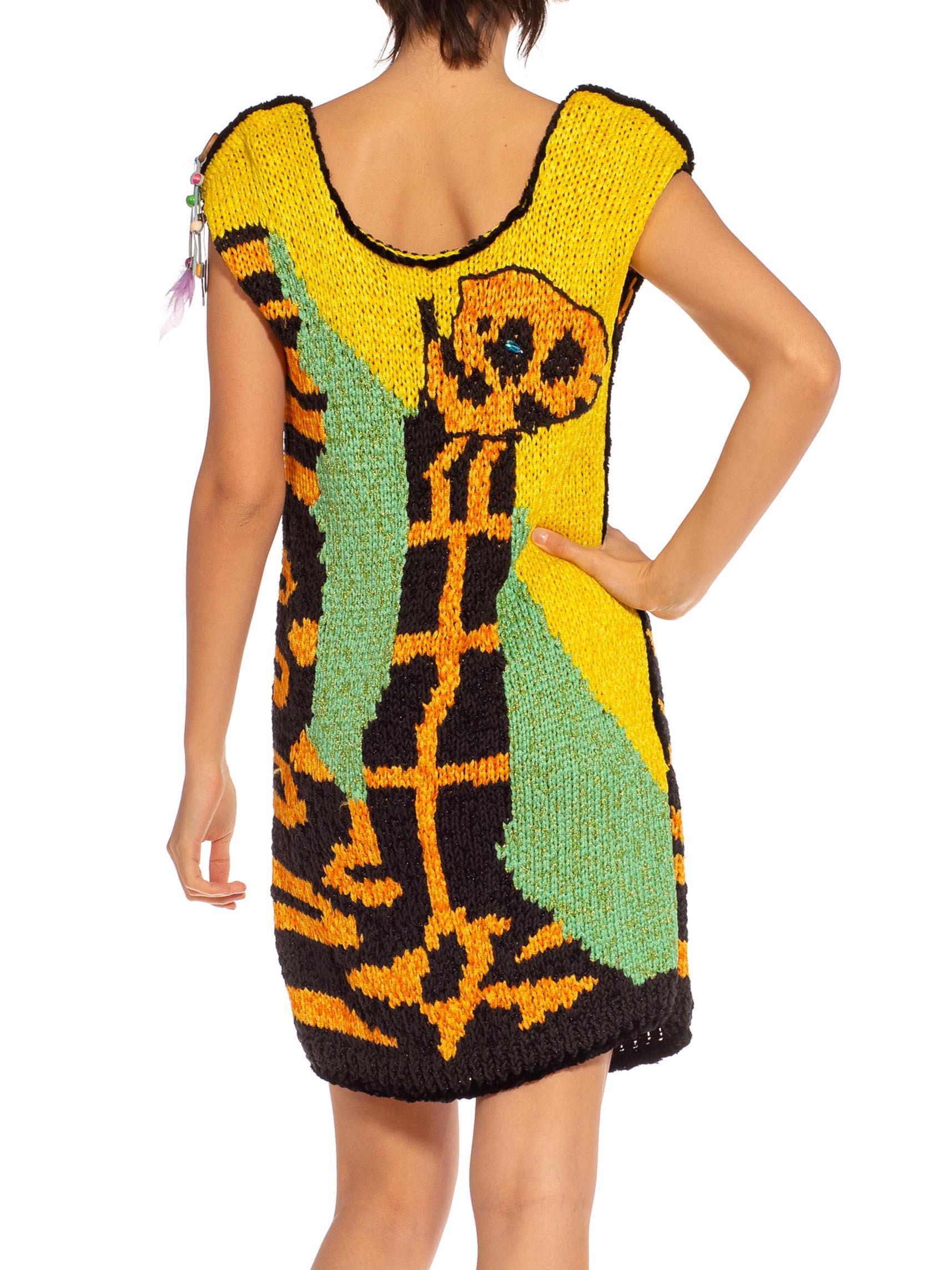 1970S COLETTE NIVELLE Yellow Orange & Blue Nylon Hand Knit Giraffe Dress For Sale 4