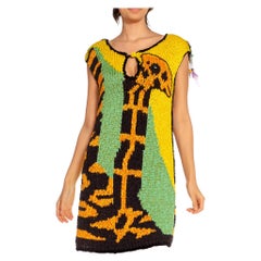 1970S COLETTE NIVELLE Yellow Orange & Blue Nylon Hand Knit Giraffe Dress