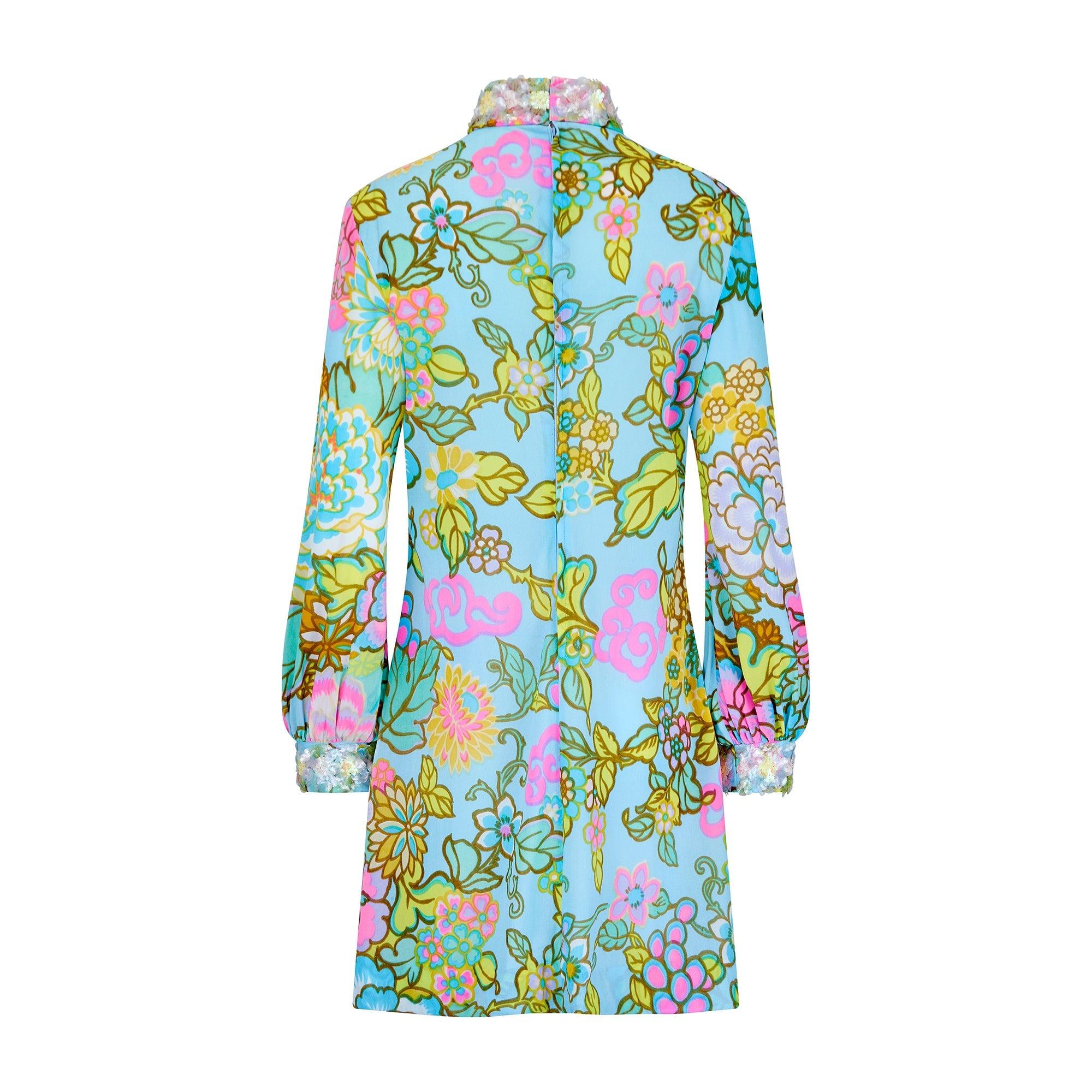 Grigio Colin Glascoe, abito anni '70 con stampa liberty e decorazioni floreali psichedeliche in vendita