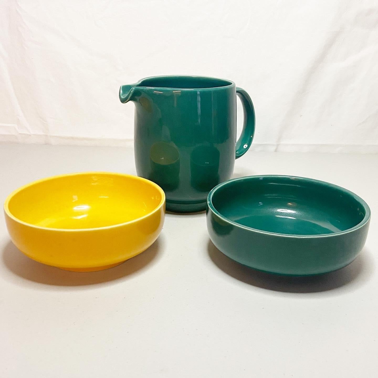 A 3-piece ceramic bowl and pitcher set in the plus pattern designed by fashion icon Wolf Karnagel and made by Rosenthal. Made in Germany during the years of 1965-1979. This pattern is currently out of production.

2 bowls - 6”D, 2.25”H
1 pitcher -