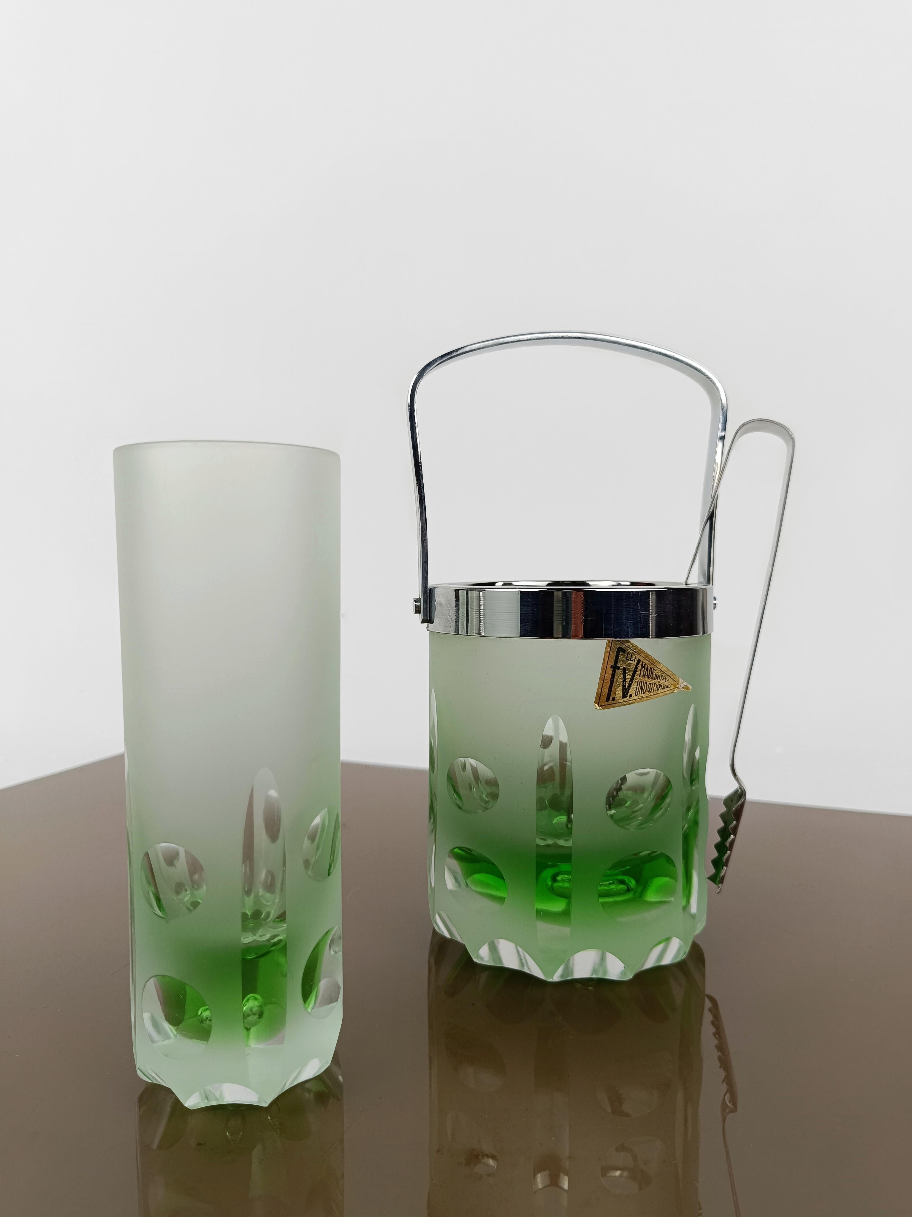 1970s Collins Tumbler Glass with Ice Bucket made in Italy in green Cut Crystal  7