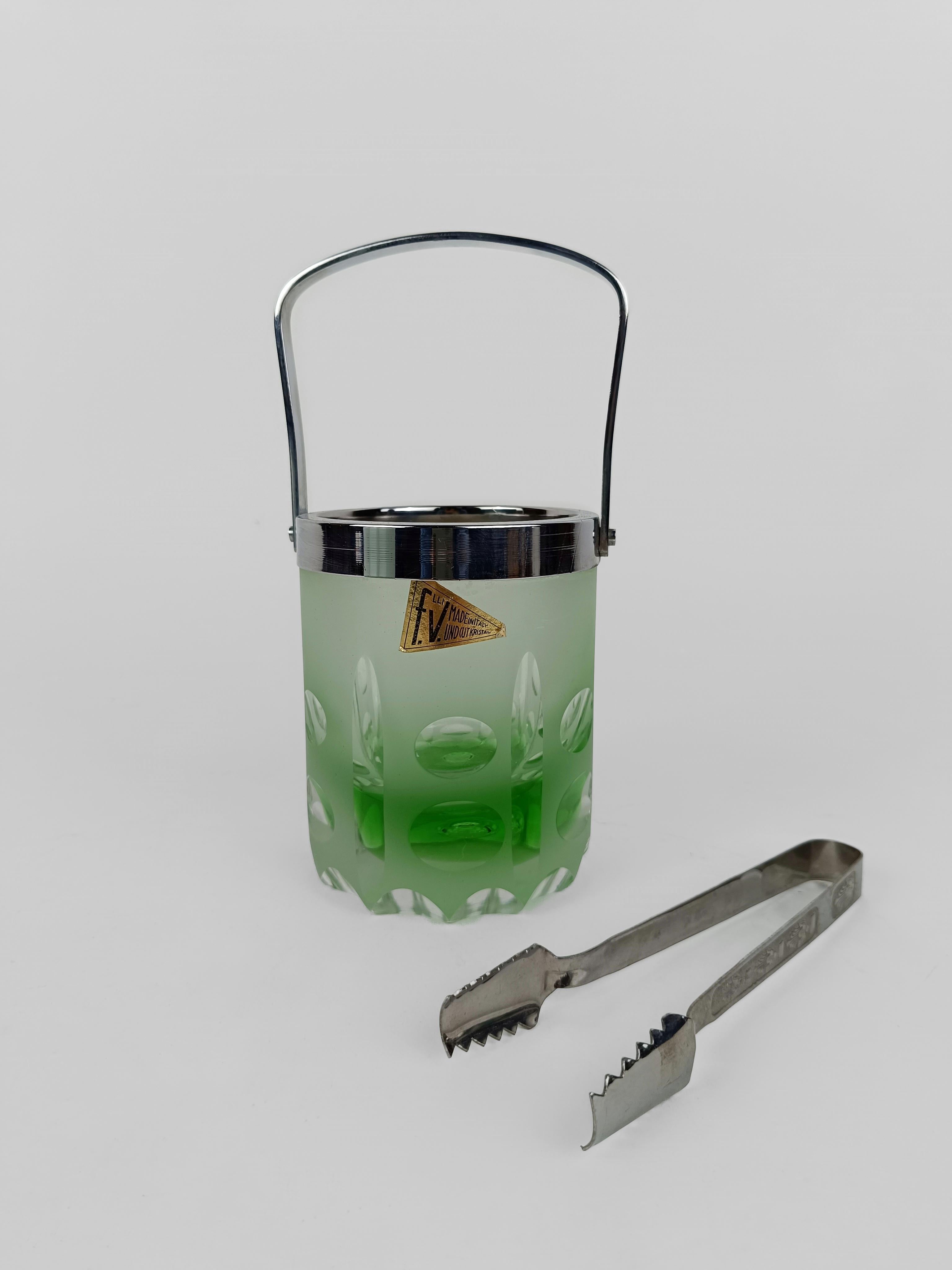 1970s Collins Tumbler Glass with Ice Bucket made in Italy in green Cut Crystal  10
