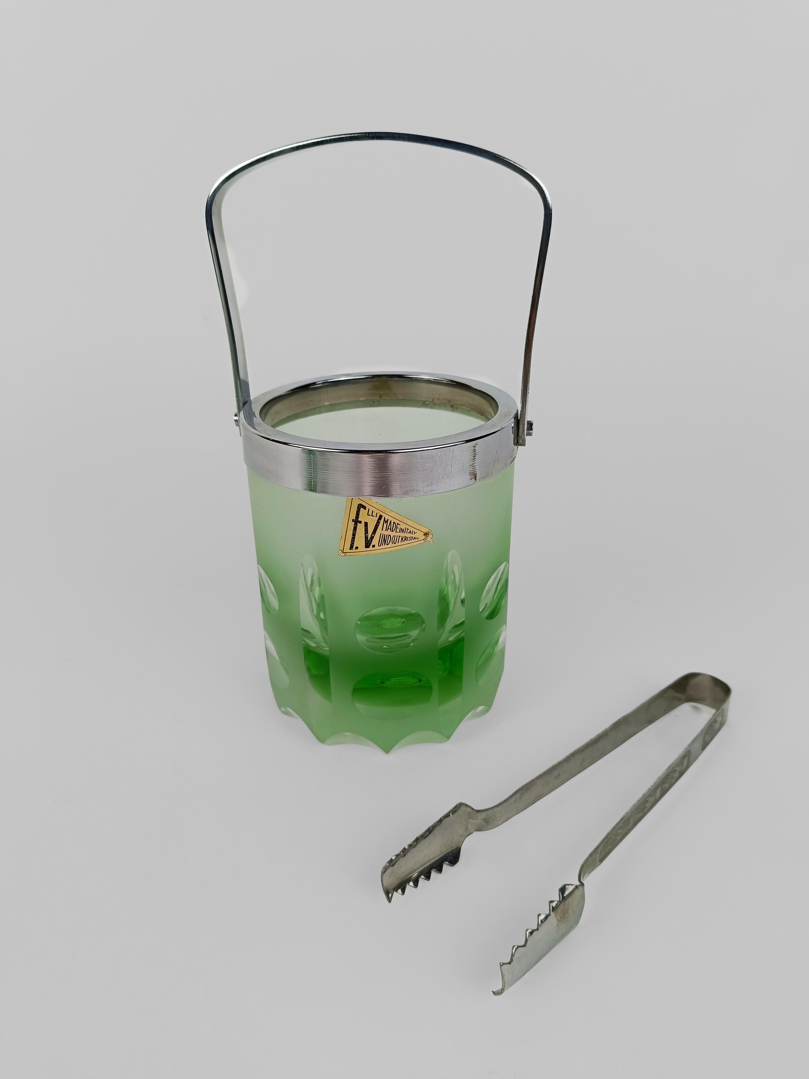1970s Collins Tumbler Glass with Ice Bucket made in Italy in green Cut Crystal  11