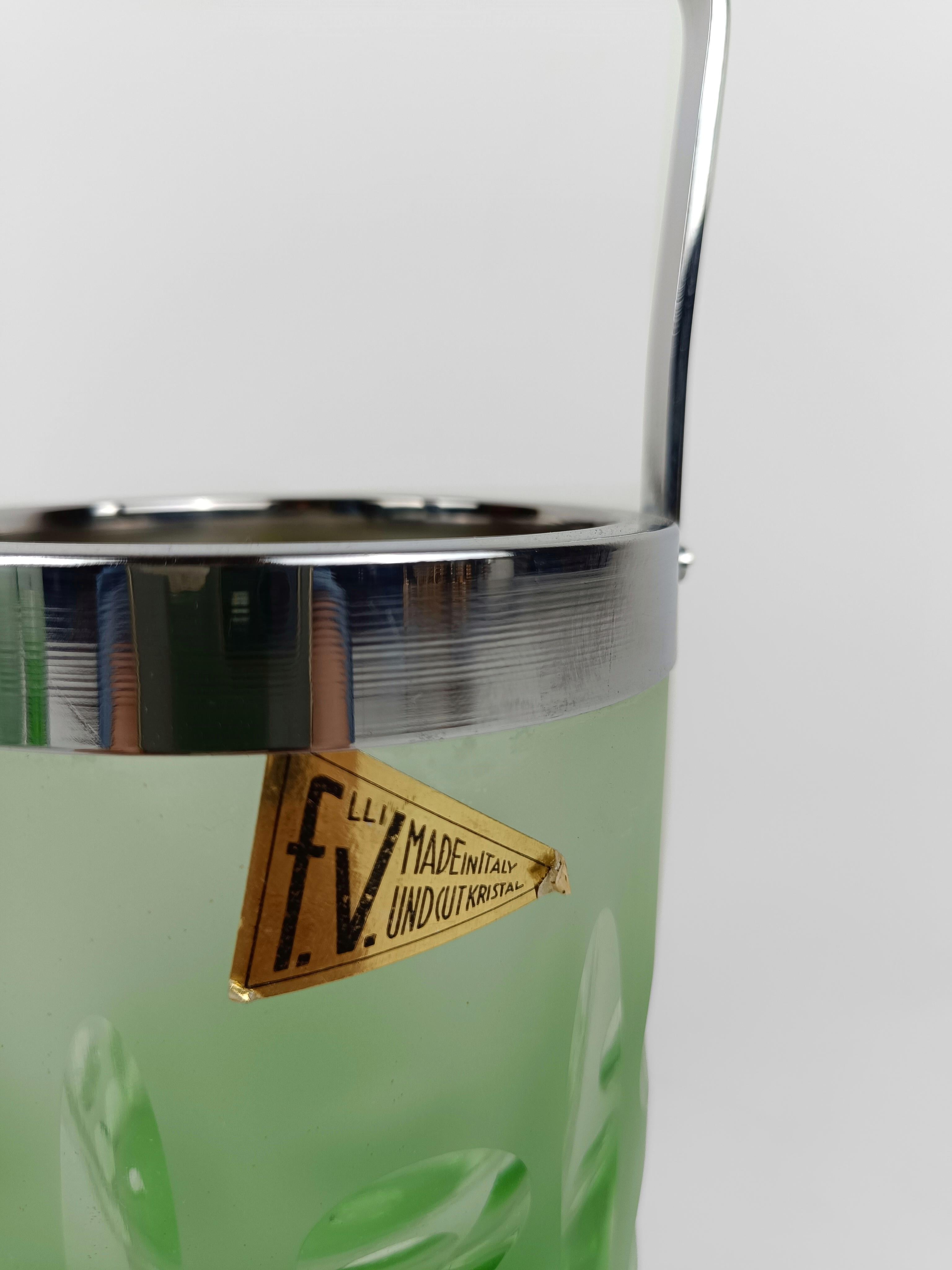 Mid-Century Modern 1970s Collins Tumbler Glass with Ice Bucket made in Italy in green Cut Crystal 