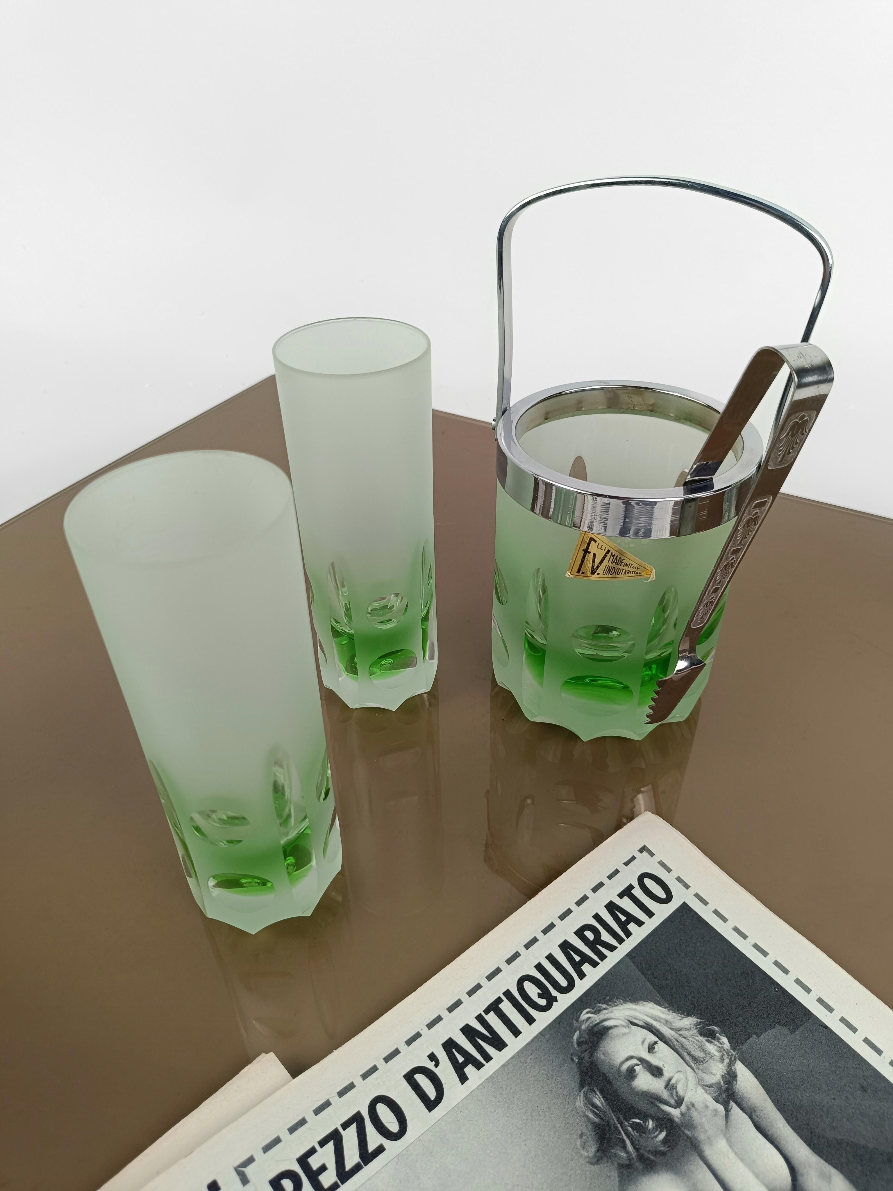 20th Century 1970s Collins Tumbler Glass with Ice Bucket made in Italy in green Cut Crystal 