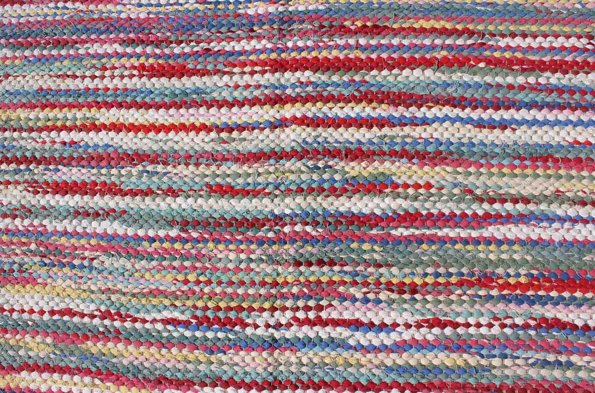 Large Colorful American Braided Rug with Horizontal Stripes and Fringe Detail For Sale 3