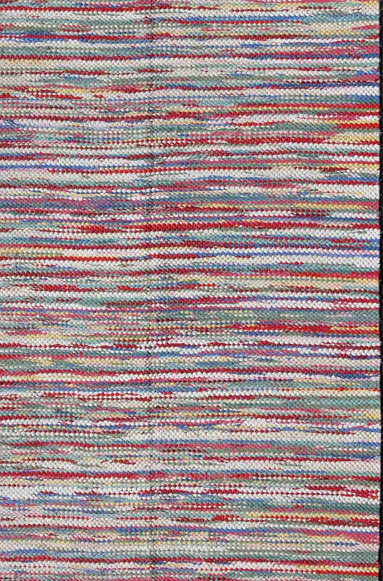 Hand-Woven Large Colorful American Braided Rug with Horizontal Stripes and Fringe Detail For Sale