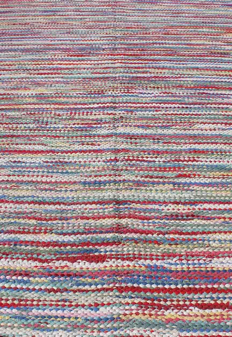 Large Colorful American Braided Rug with Horizontal Stripes and Fringe