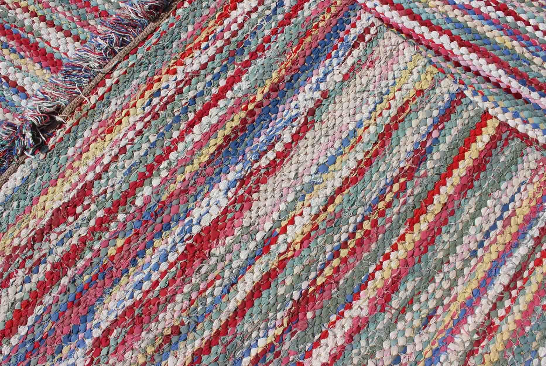 Cotton Large Colorful American Braided Rug with Horizontal Stripes and Fringe Detail For Sale