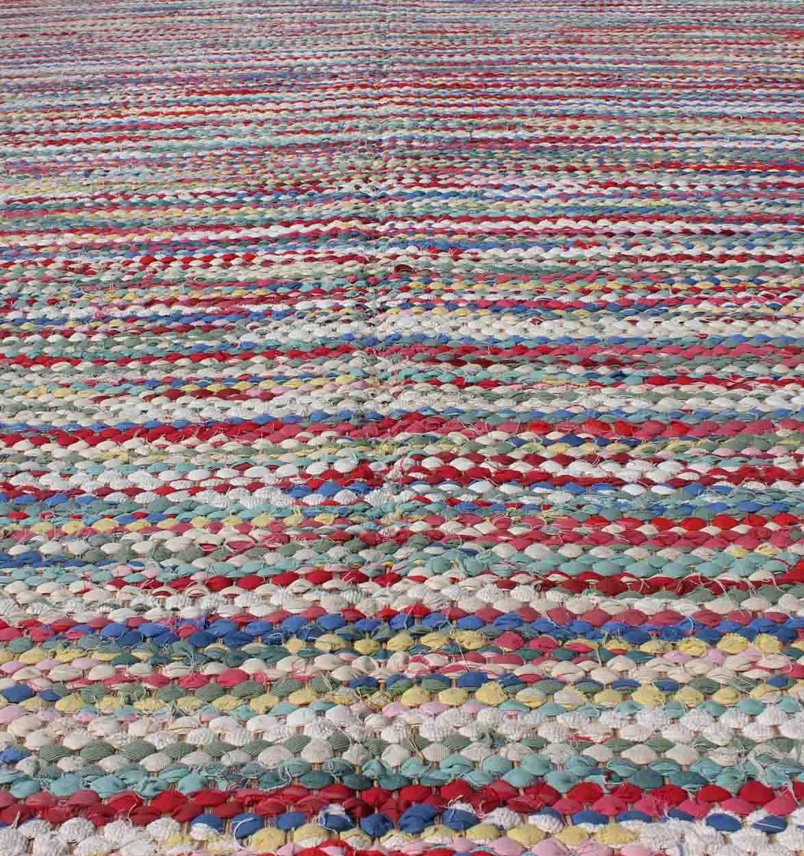 Large Colorful American Braided Rug with Horizontal Stripes and Fringe Detail For Sale 2