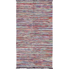 Used Large Colorful American Braided Rug with Horizontal Stripes and Fringe Detail