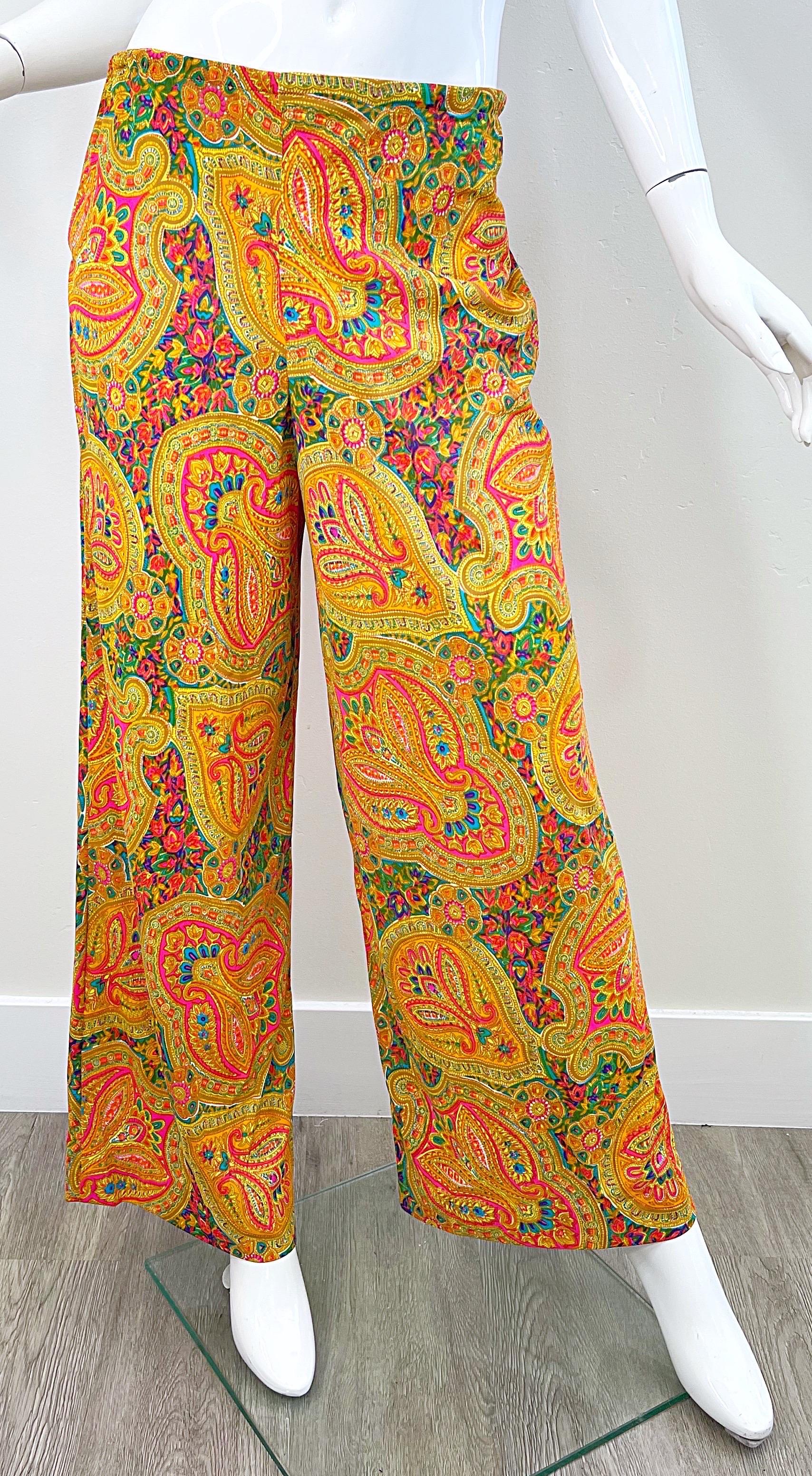 1970s Colorful Paisley Print Nylon Tunic Dress + Wide Leg Trousers Vintage Set For Sale 6