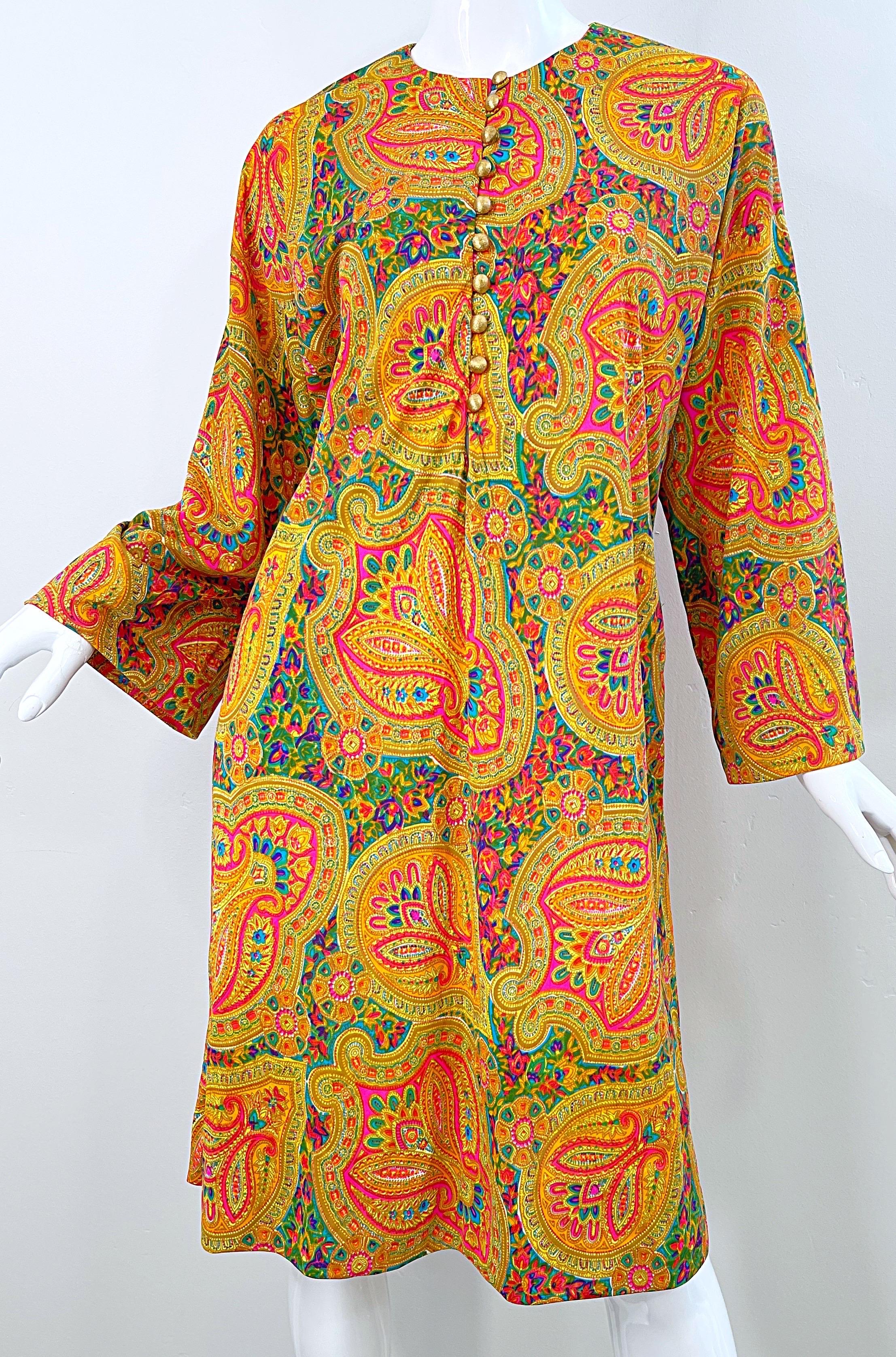 1970s Colorful Paisley Print Nylon Tunic Dress + Wide Leg Trousers Vintage Set For Sale 7