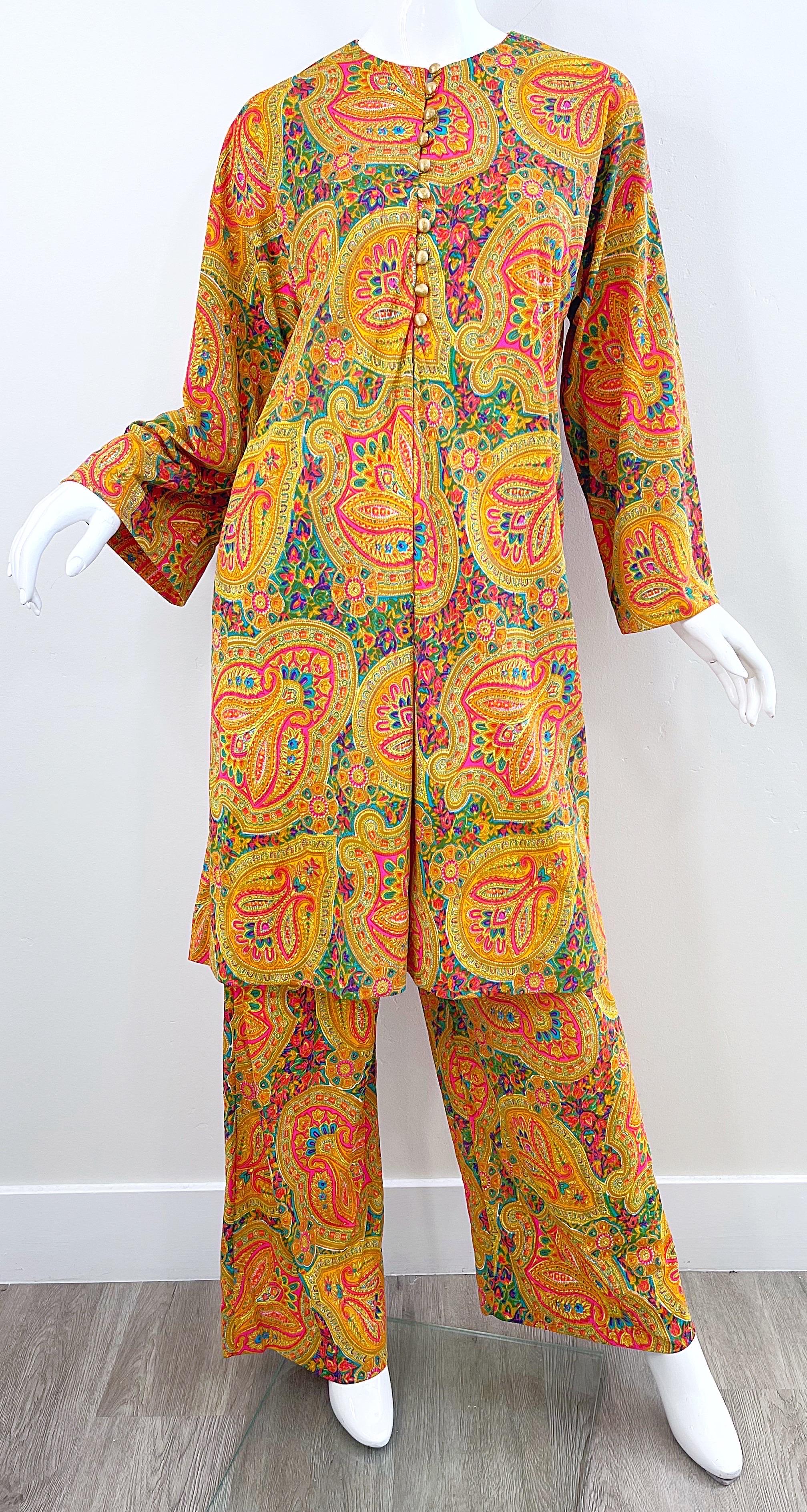 1970s Colorful Paisley Print Nylon Tunic Dress + Wide Leg Trousers Vintage Set For Sale 8