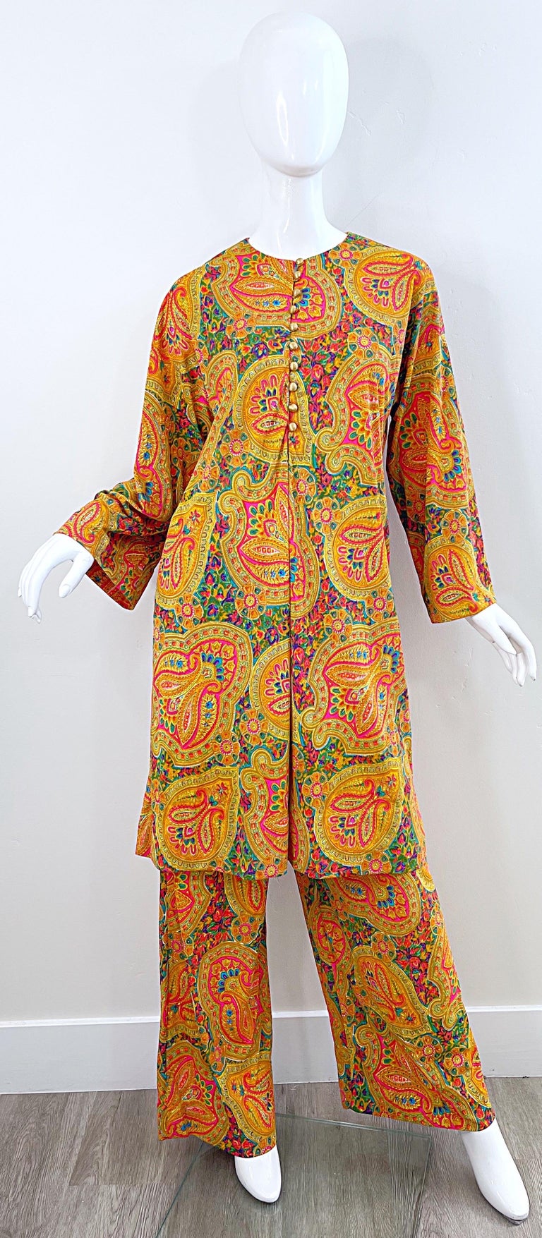 1970s Colorful Paisley Print Nylon Tunic Dress + Wide Leg Trousers ...