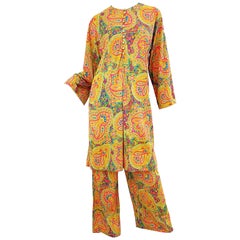 Robe tunique colorée en nylon imprimé cachemire des années 1970 + pantalon à jambes larges vintage