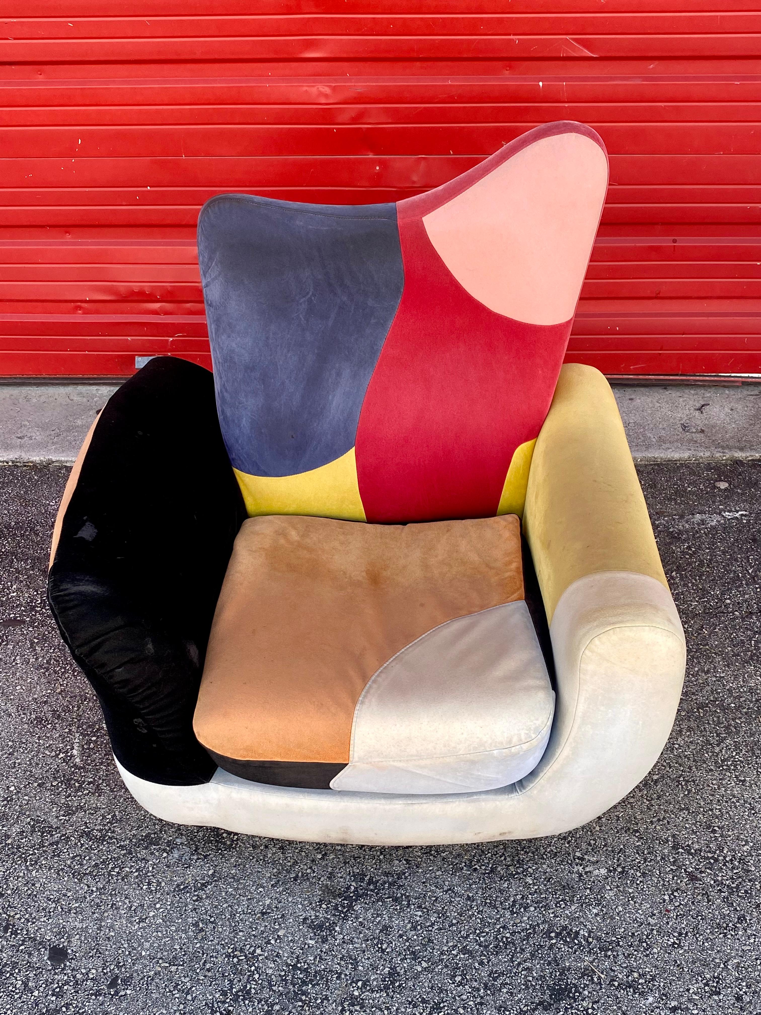1970s Colorful Sculptural Wood Base Swivel Chair For Sale 3