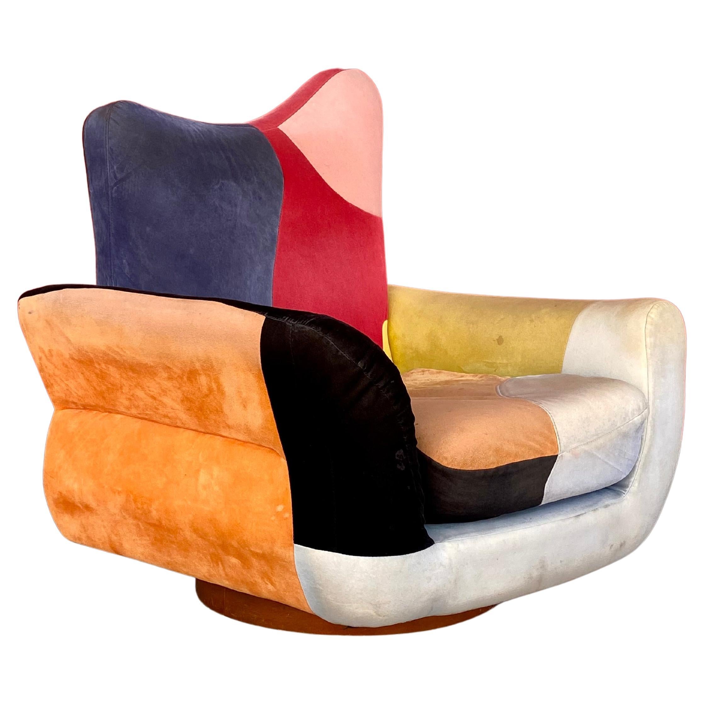 1970s Colorful Sculptural Wood Base Swivel Chair