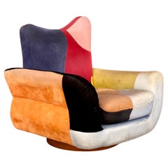 1970s Colorful Sculptural Wood Base Swivel Chair