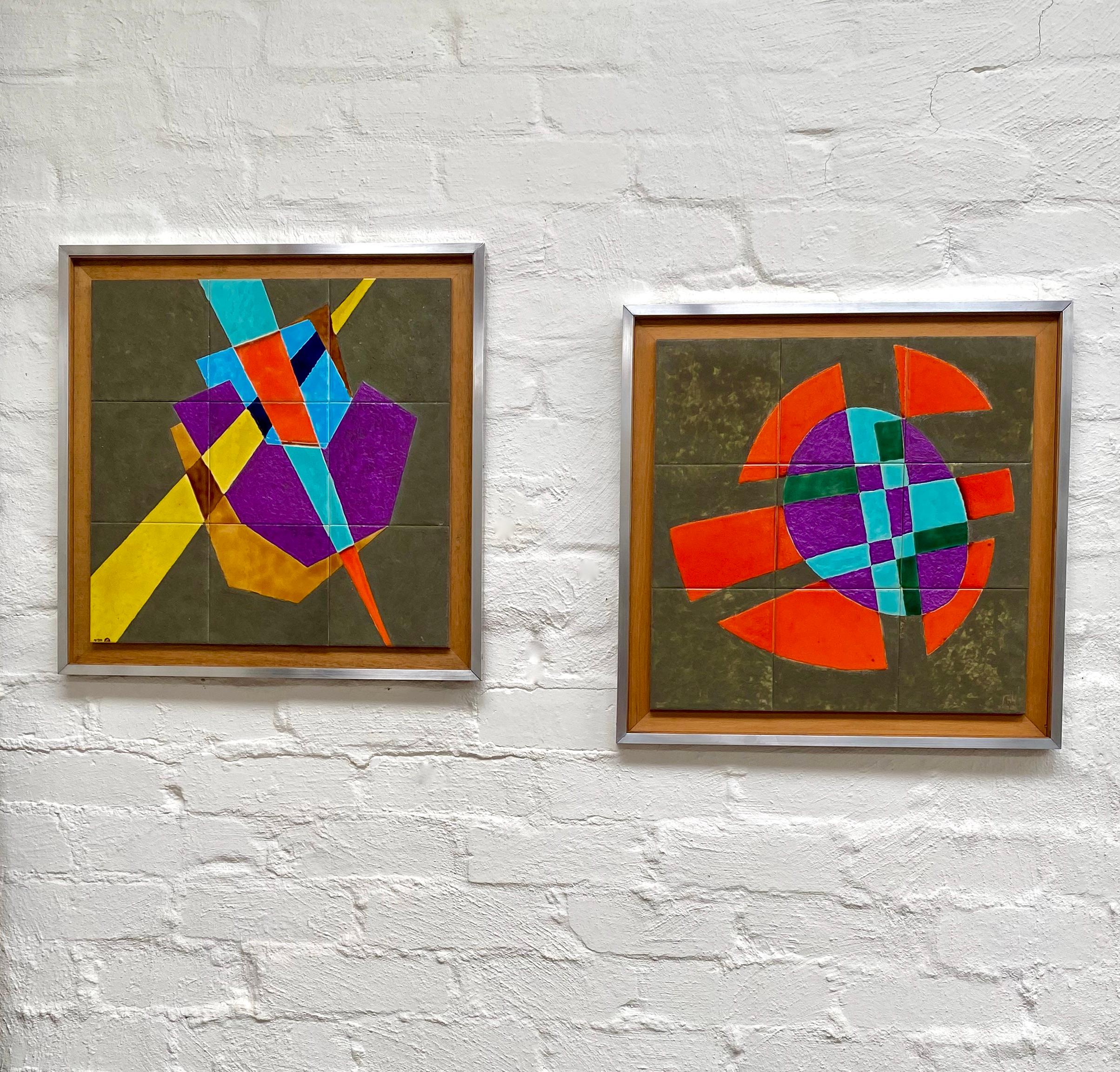 Mid-Century Modern 1970s Colourful Abstract Glazed Tiles in Aluminium Frame Signed Rachel Savir For Sale