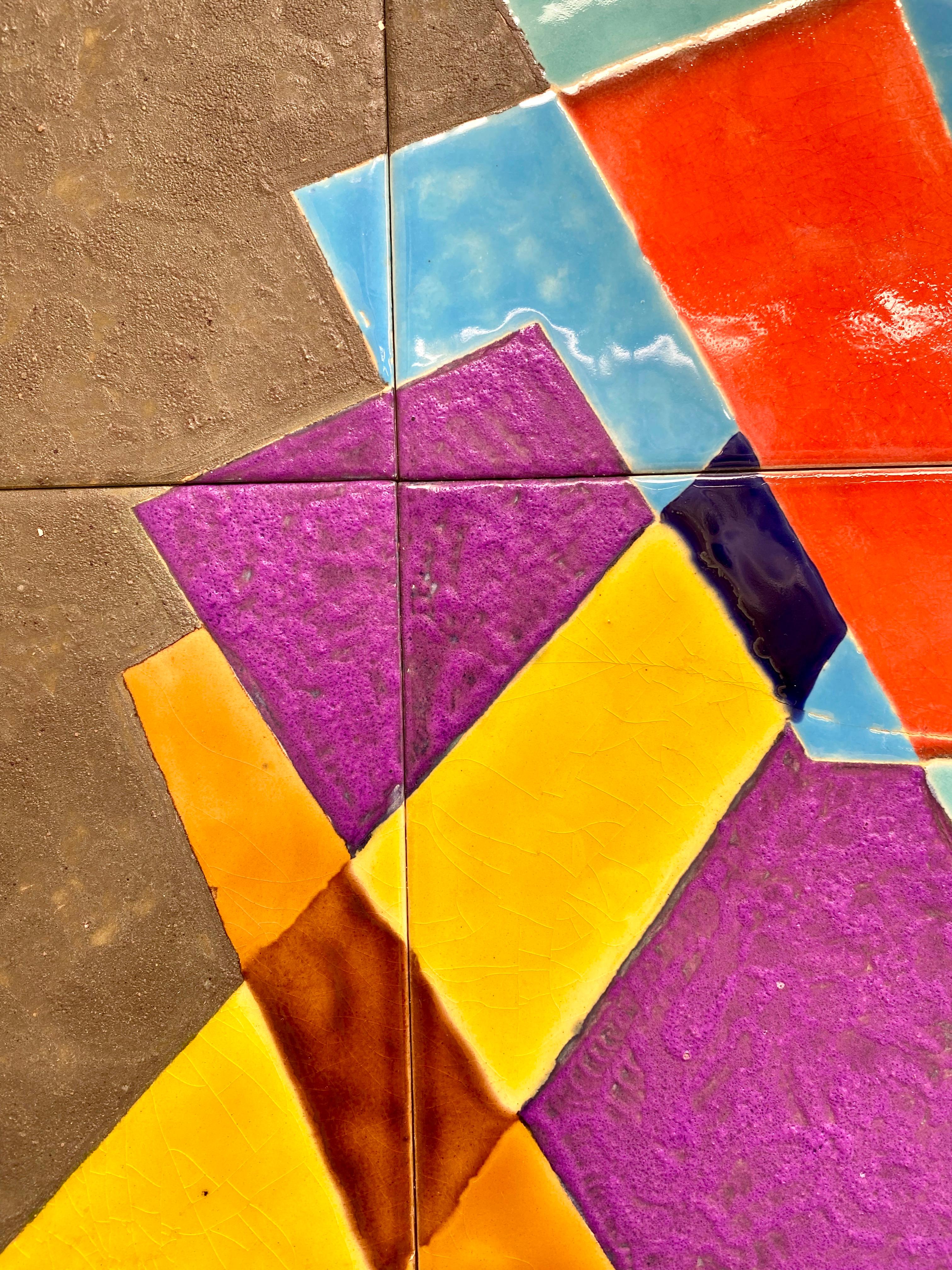 Israeli 1970s Colourful Abstract Glazed Tiles in Aluminium Frame Signed Rachel Savir For Sale