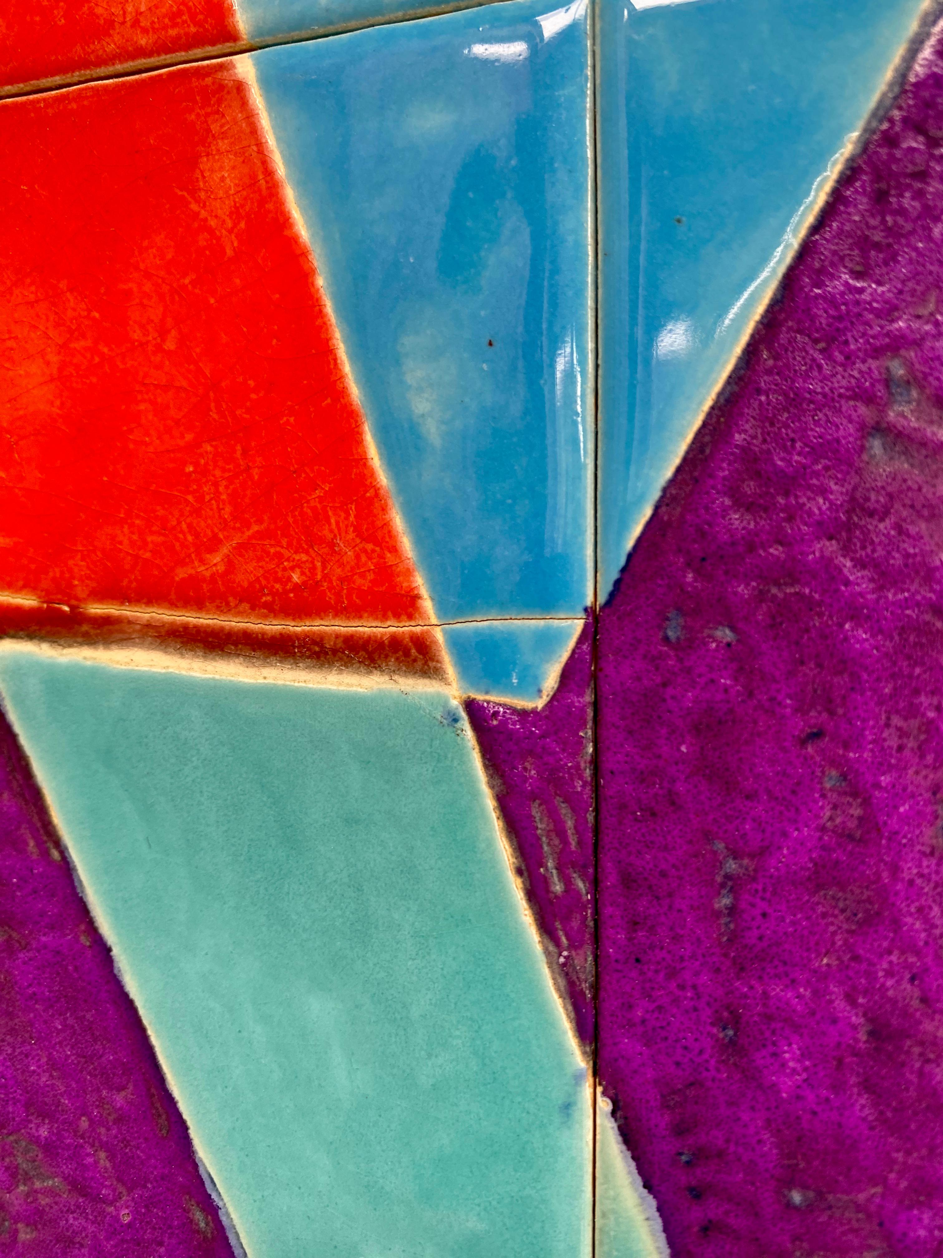Late 20th Century 1970s Colourful Abstract Glazed Tiles in Aluminium Frame Signed Rachel Savir For Sale