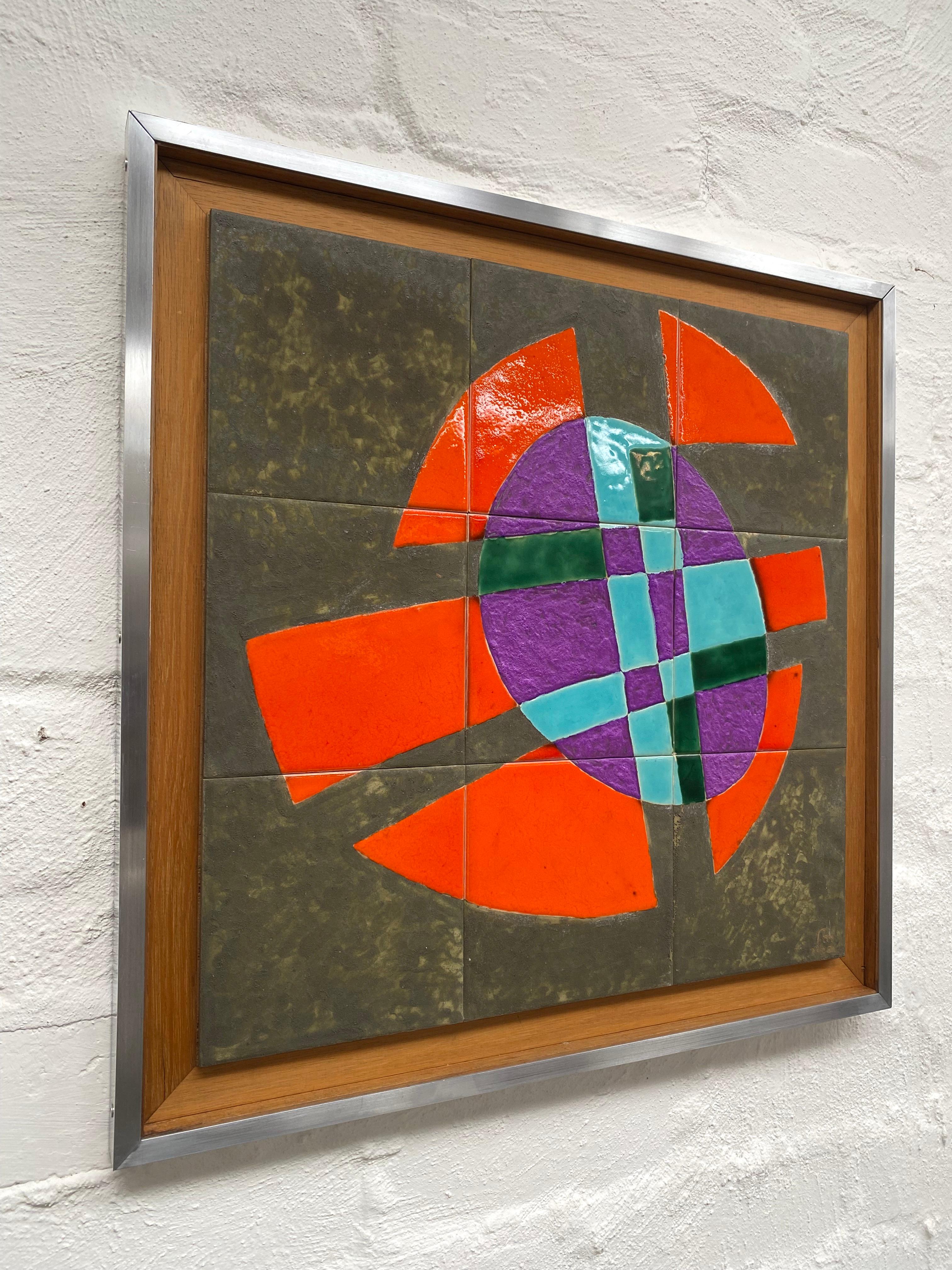 Late 20th Century 1970s Colourful Abstract Glazed Tiles in Aluminium Frame Signed Rachel Savir  For Sale