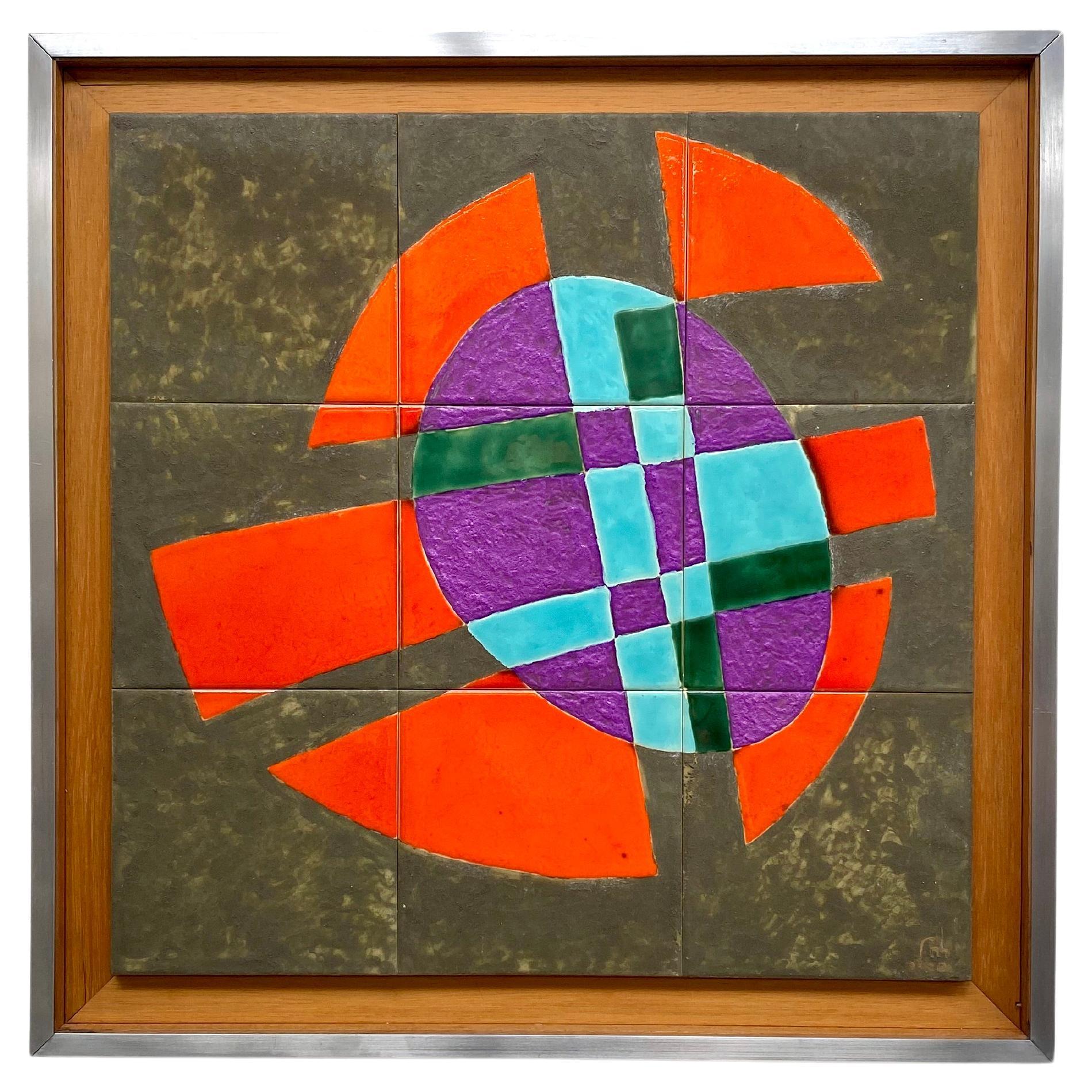 1970s Colourful Abstract Glazed Tiles in Aluminium Frame Signed Rachel Savir  For Sale