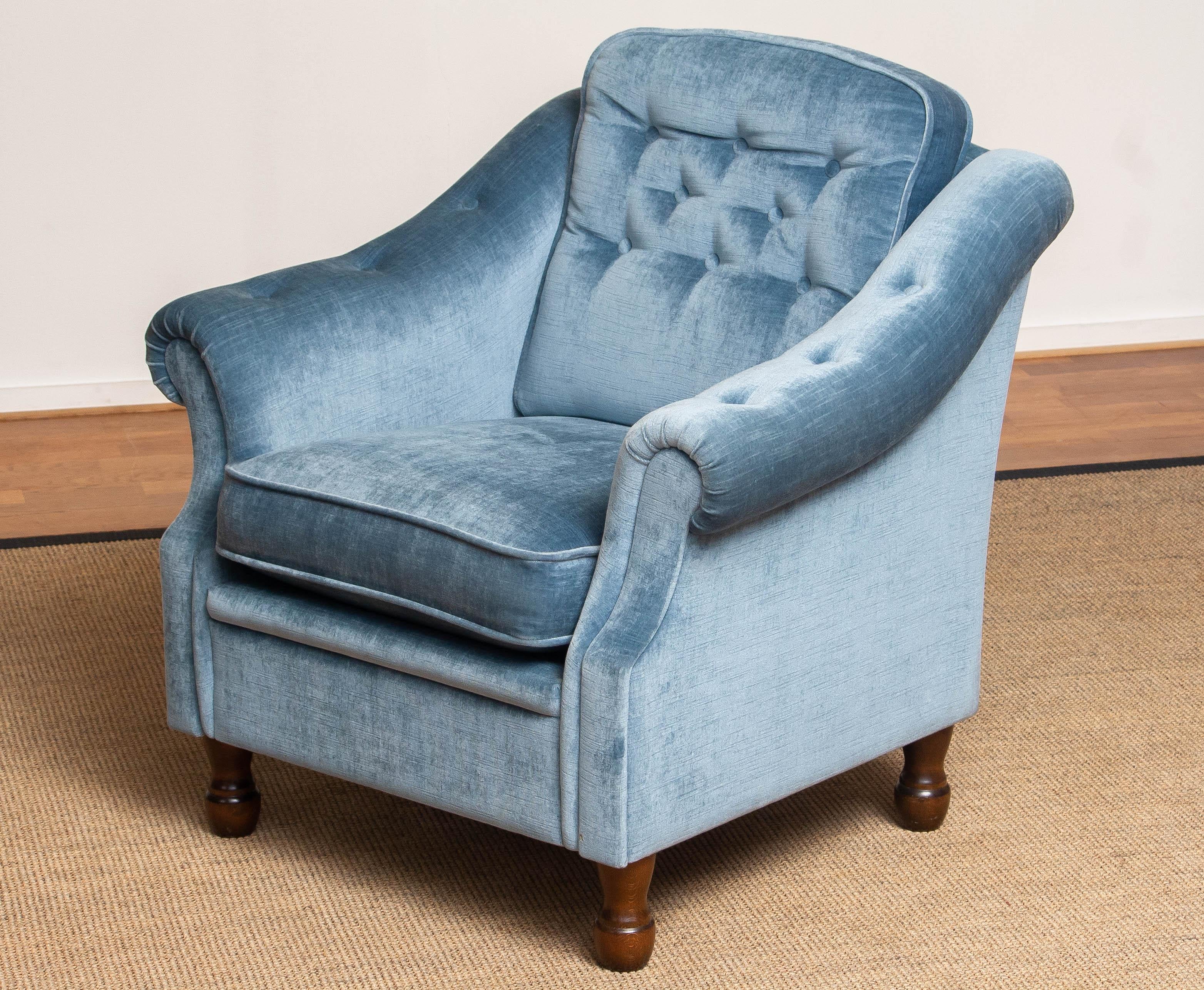 Scandinavian 1970's Comfortable Hollywood Regency Lounge Chair with Ice Blue Velvet