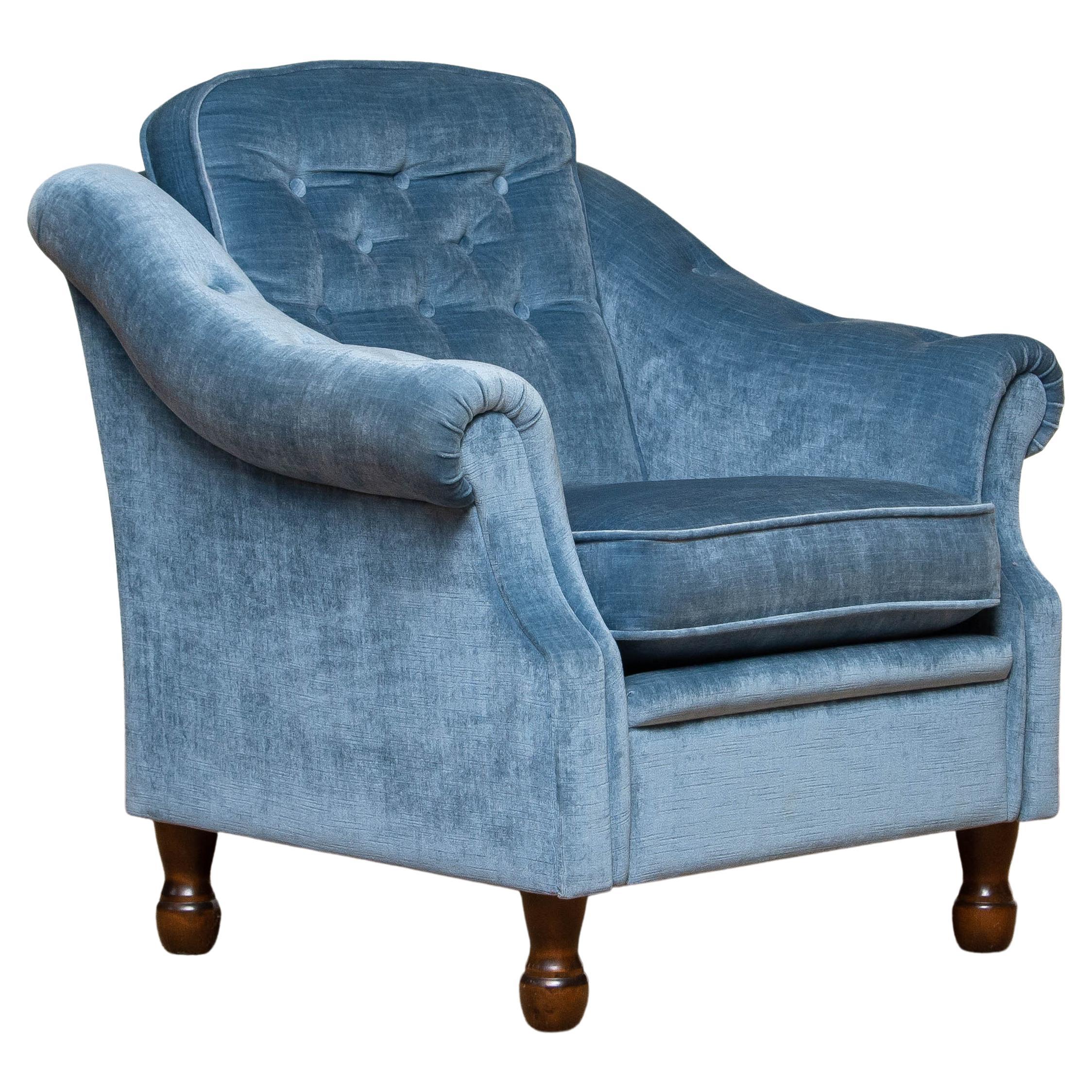1970's Comfortable Hollywood Regency Lounge Chair with Ice Blue Velvet