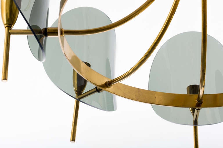 Brass 1970's Concave Smoked Lucite Disc Chandelier