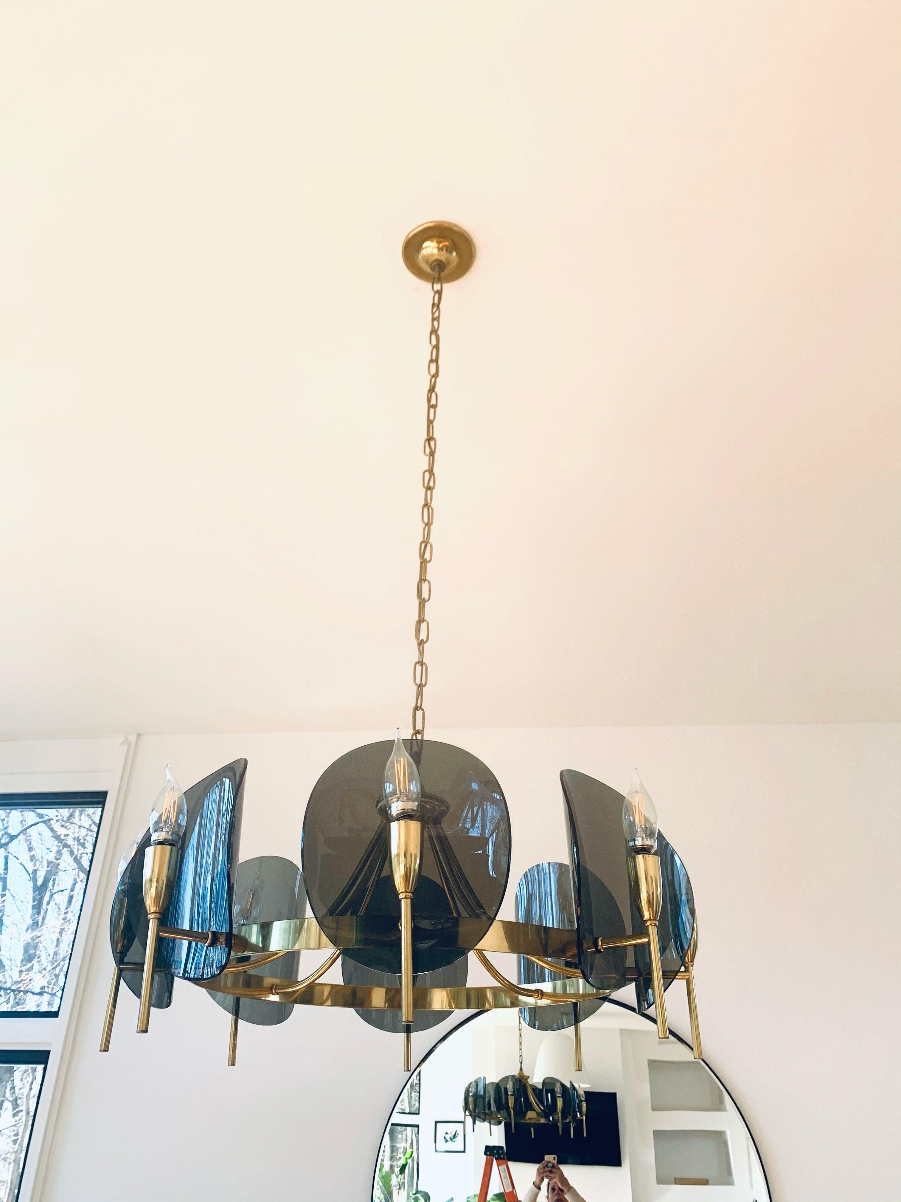 1970's Concave Smoked Lucite Disc Chandelier 1