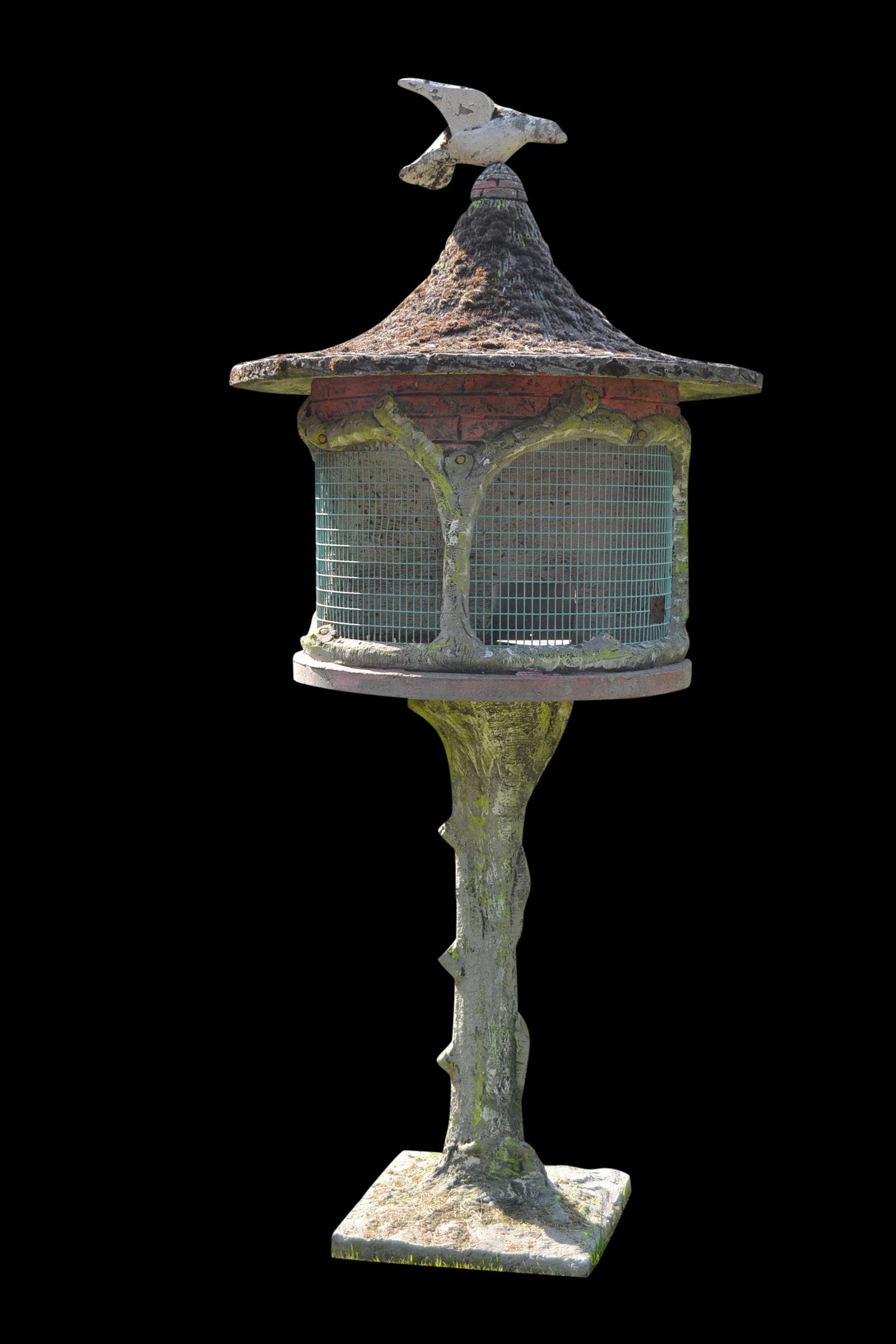 1970s Concrete birdcage. 
A stylish large outside birdcage for garden, patio, terrace, roof terrace or rooftop garden. It's a vintage Faux Bois Birdcage made of Concrete - Composition Stone - Stone. With a great use of colors.
The Aviary has still
