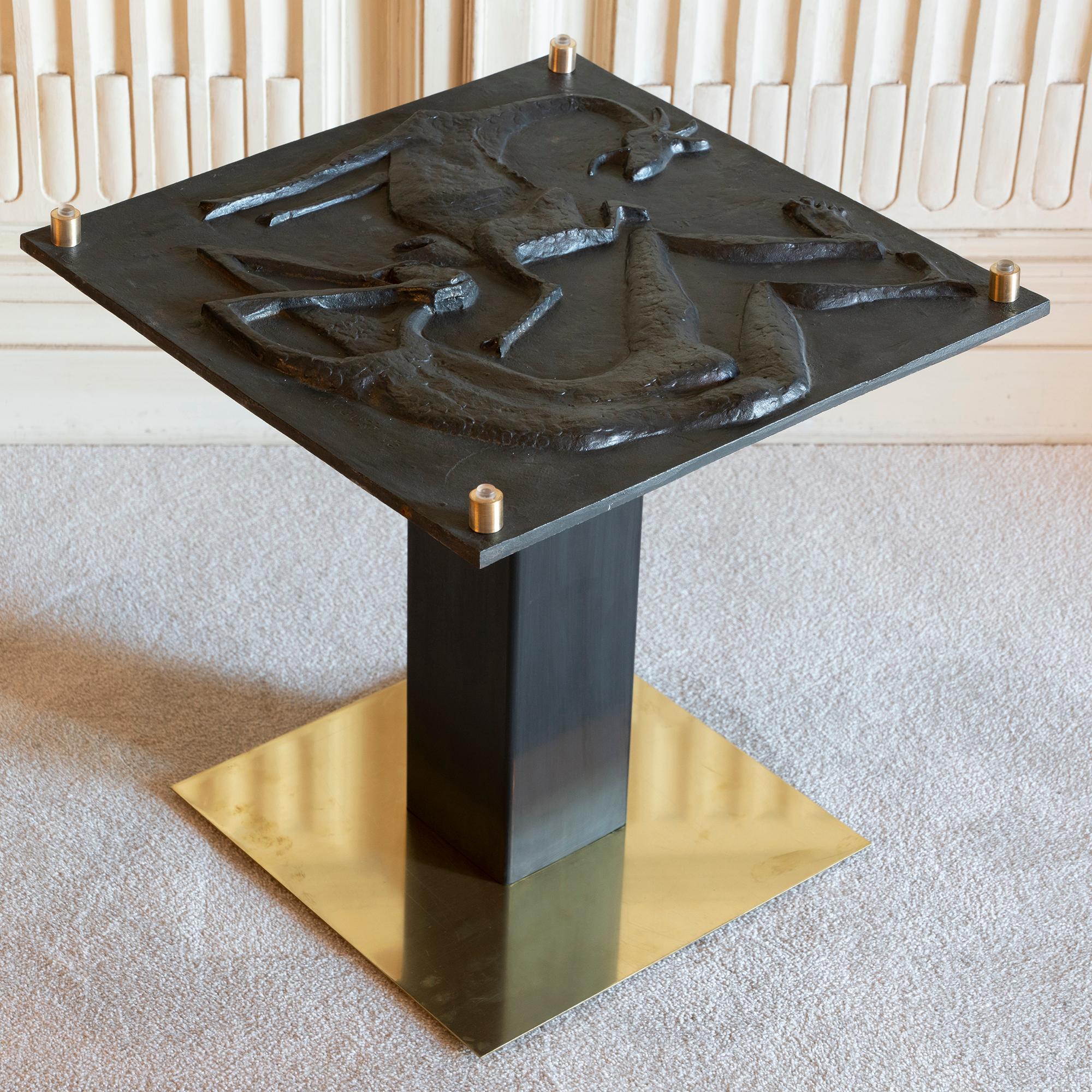 1970s Concrete Low Relief Belgian Side Table, Brass and Steel Base, Glass top 5