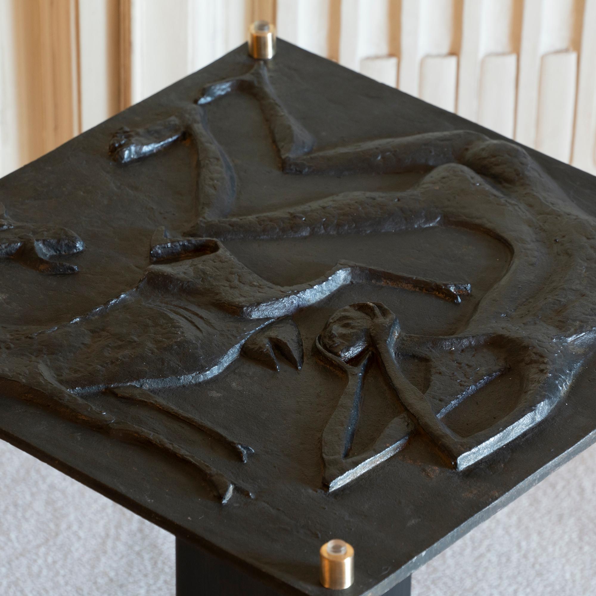 1970s Concrete Low Relief Belgian Side Table, Brass and Steel Base, Glass top 6
