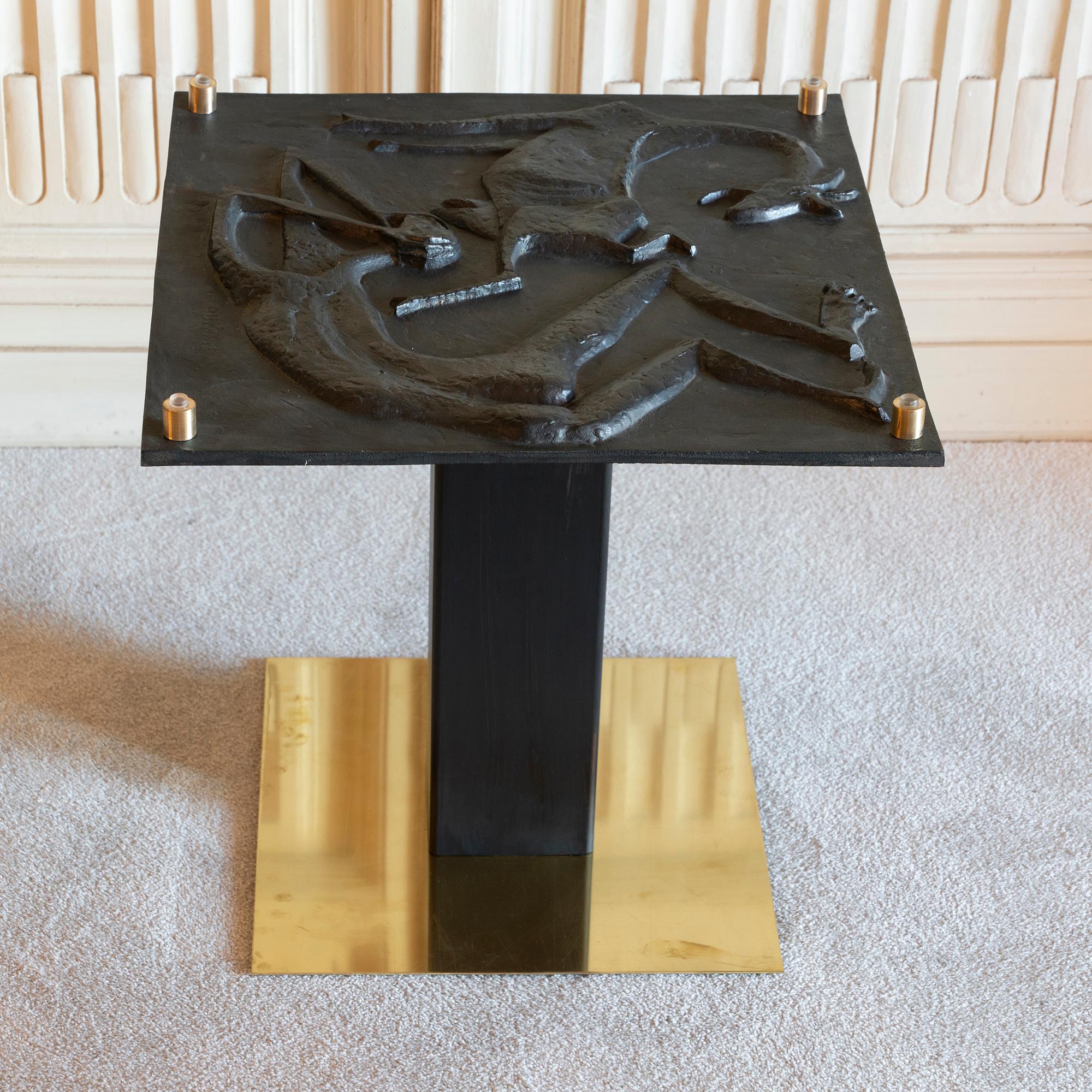 1970s Concrete Low Relief Belgian Side Table, Brass and Steel Base, Glass top 8