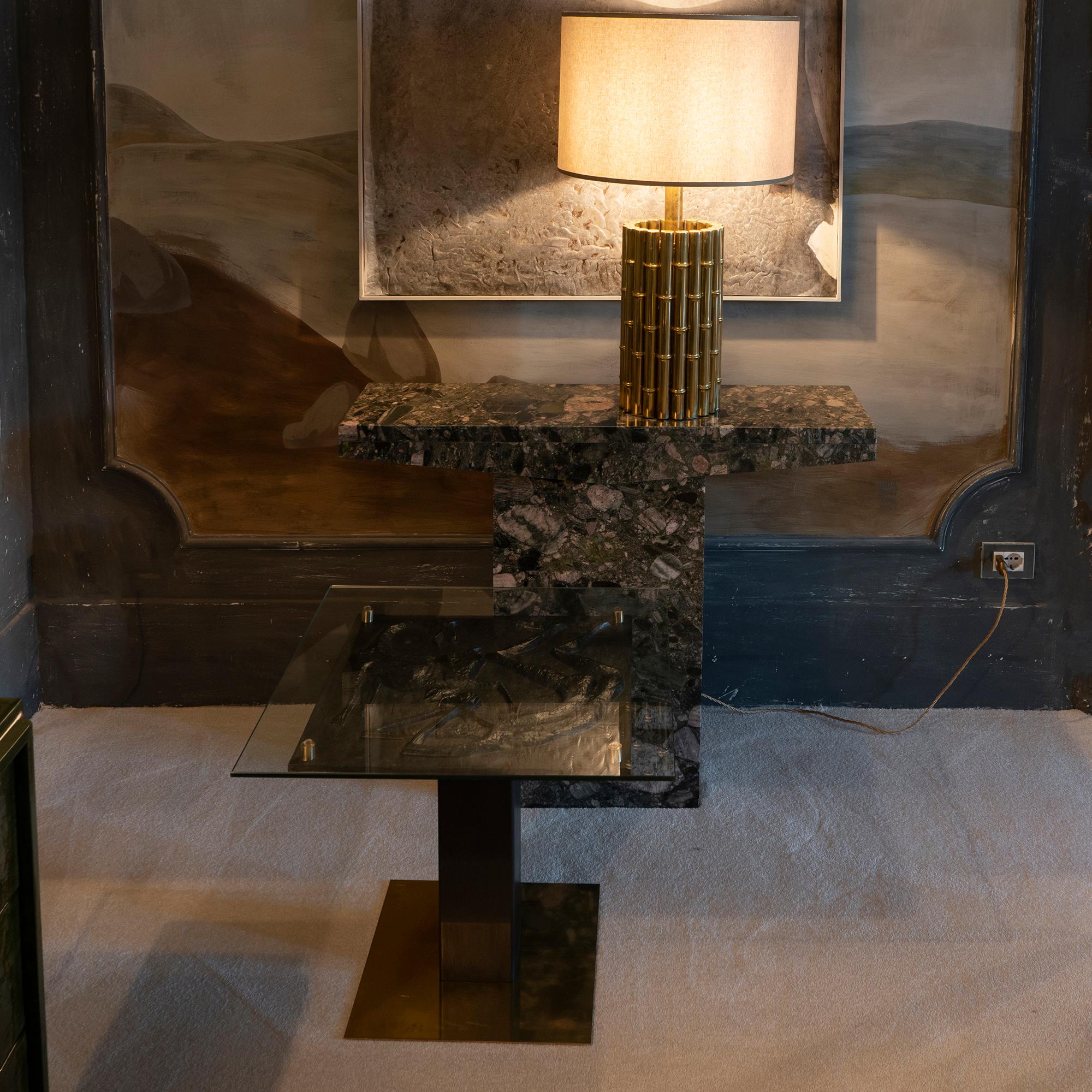 1970s Concrete Low Relief Belgian Side Table, Brass and Steel Base, Glass top 9