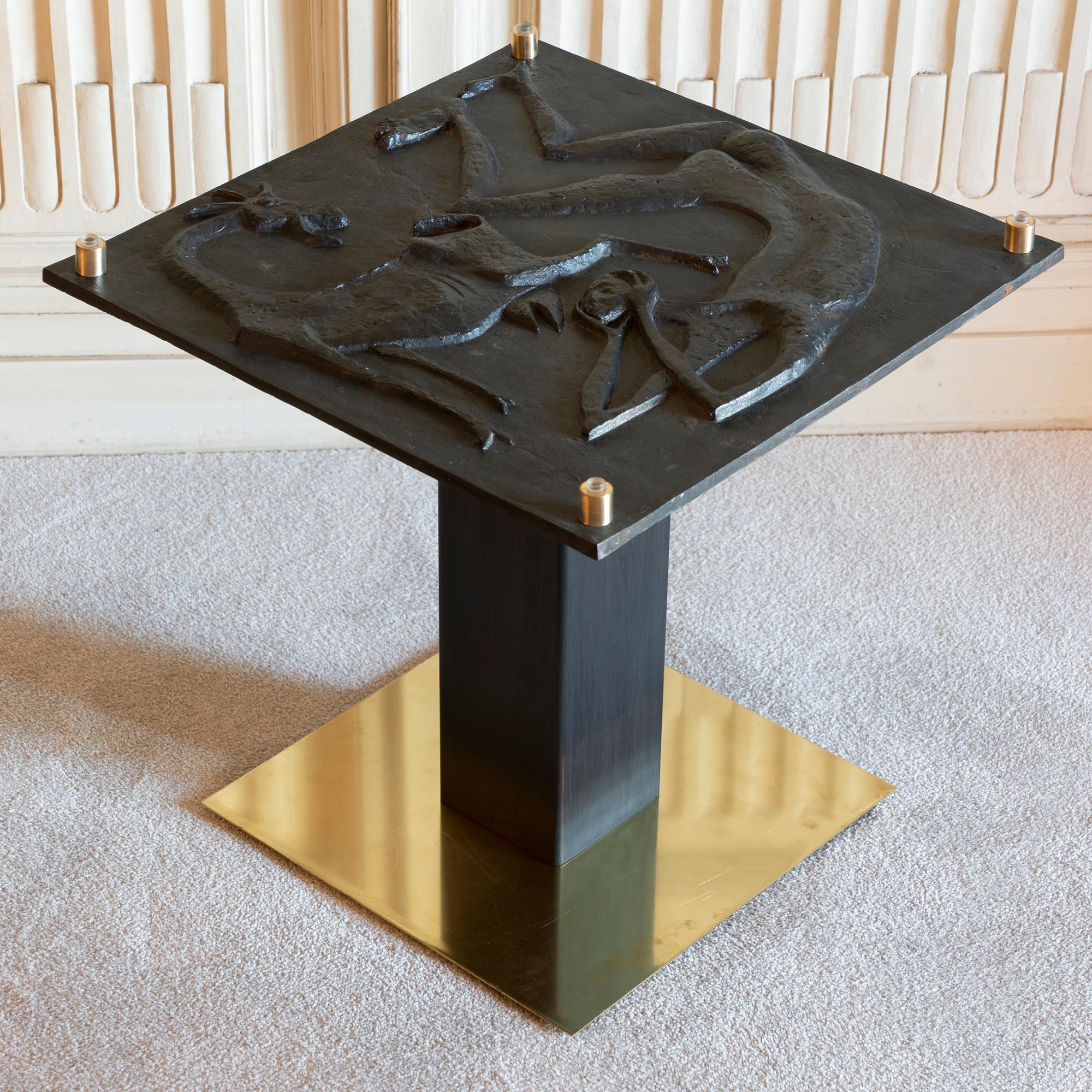 Late 20th Century 1970s Concrete Low Relief Belgian Side Table, Brass and Steel Base, Glass top