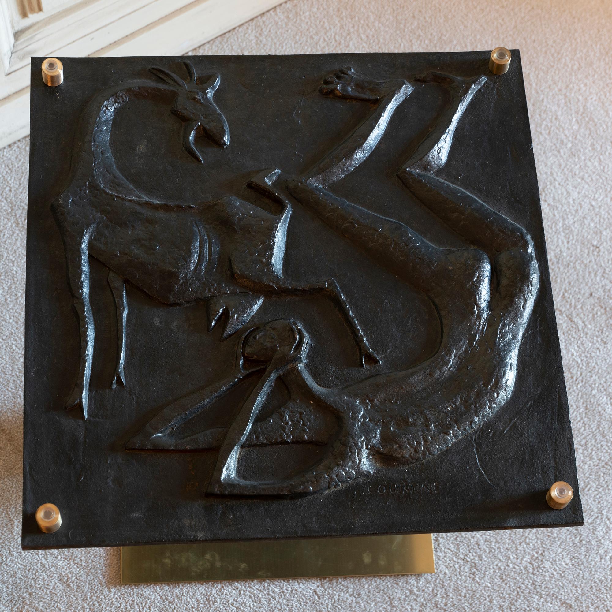 Terracotta 1970s Concrete Low Relief Belgian Side Table, Brass and Steel Base, Glass top