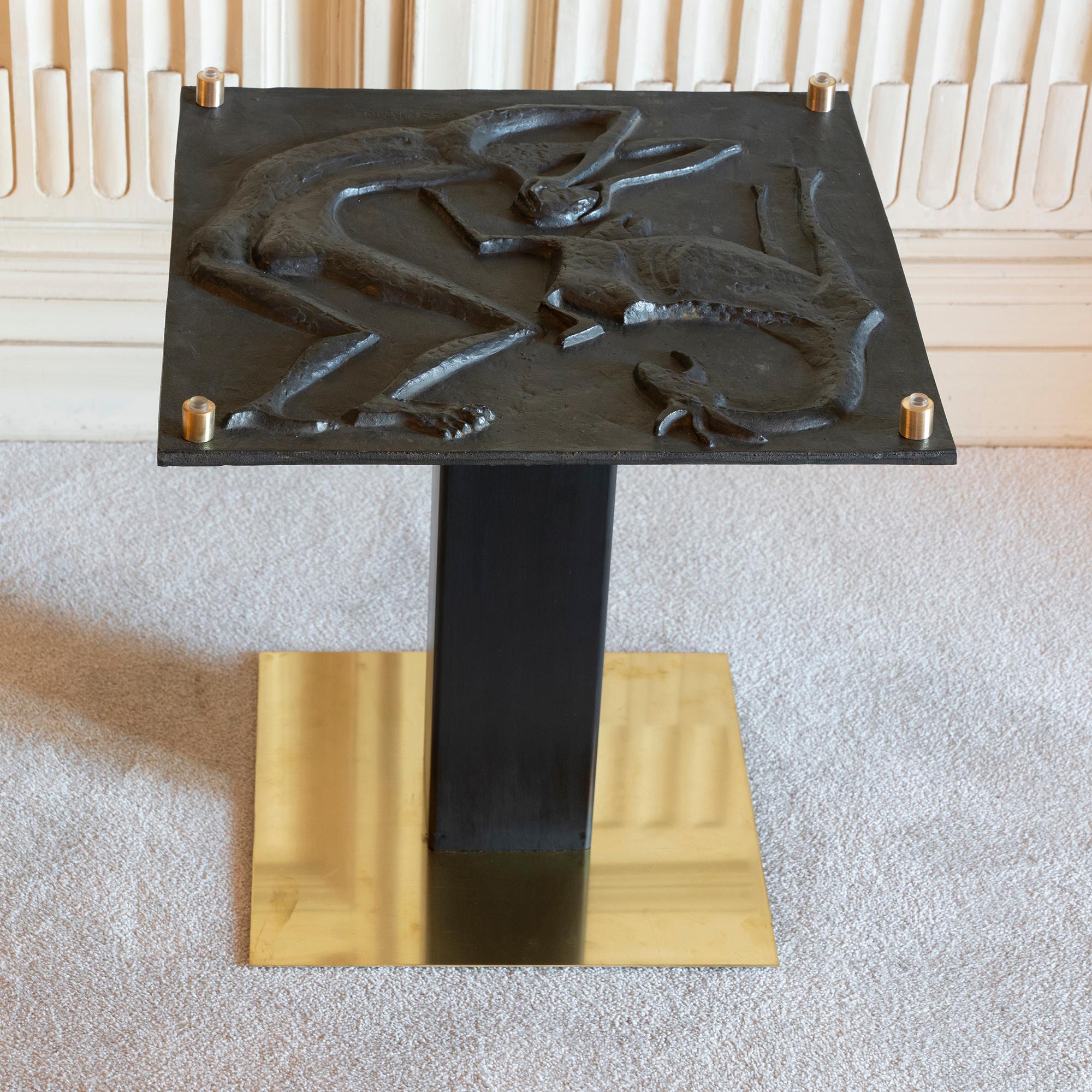 1970s Concrete Low Relief Belgian Side Table, Brass and Steel Base, Glass top 2