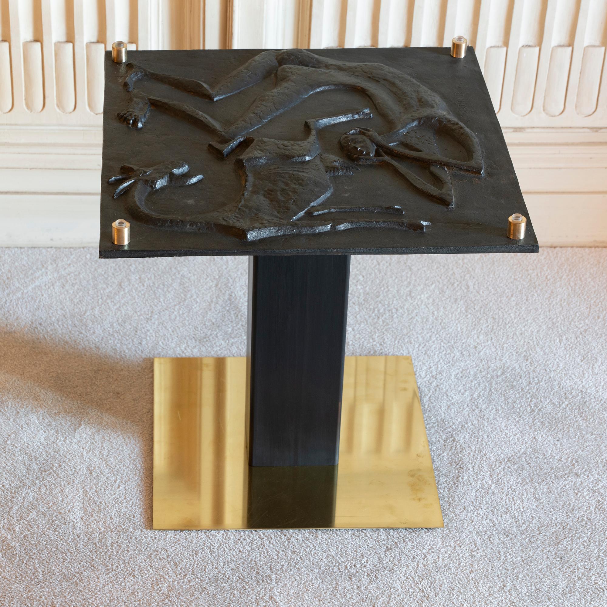 1970s Concrete Low Relief Belgian Side Table, Brass and Steel Base, Glass top 3