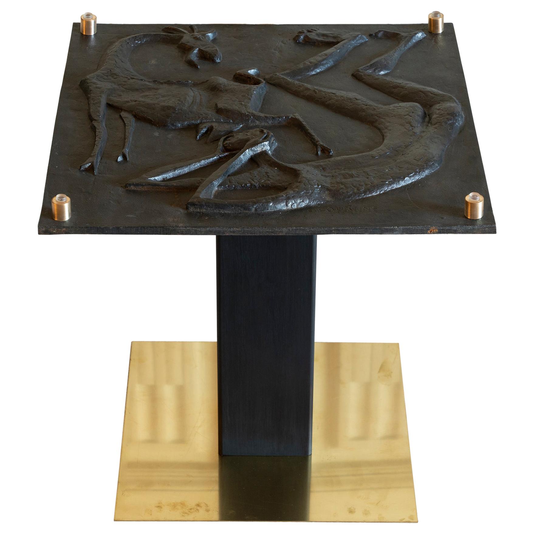 1970s Concrete Low Relief Belgian Side Table, Brass and Steel Base, Glass top